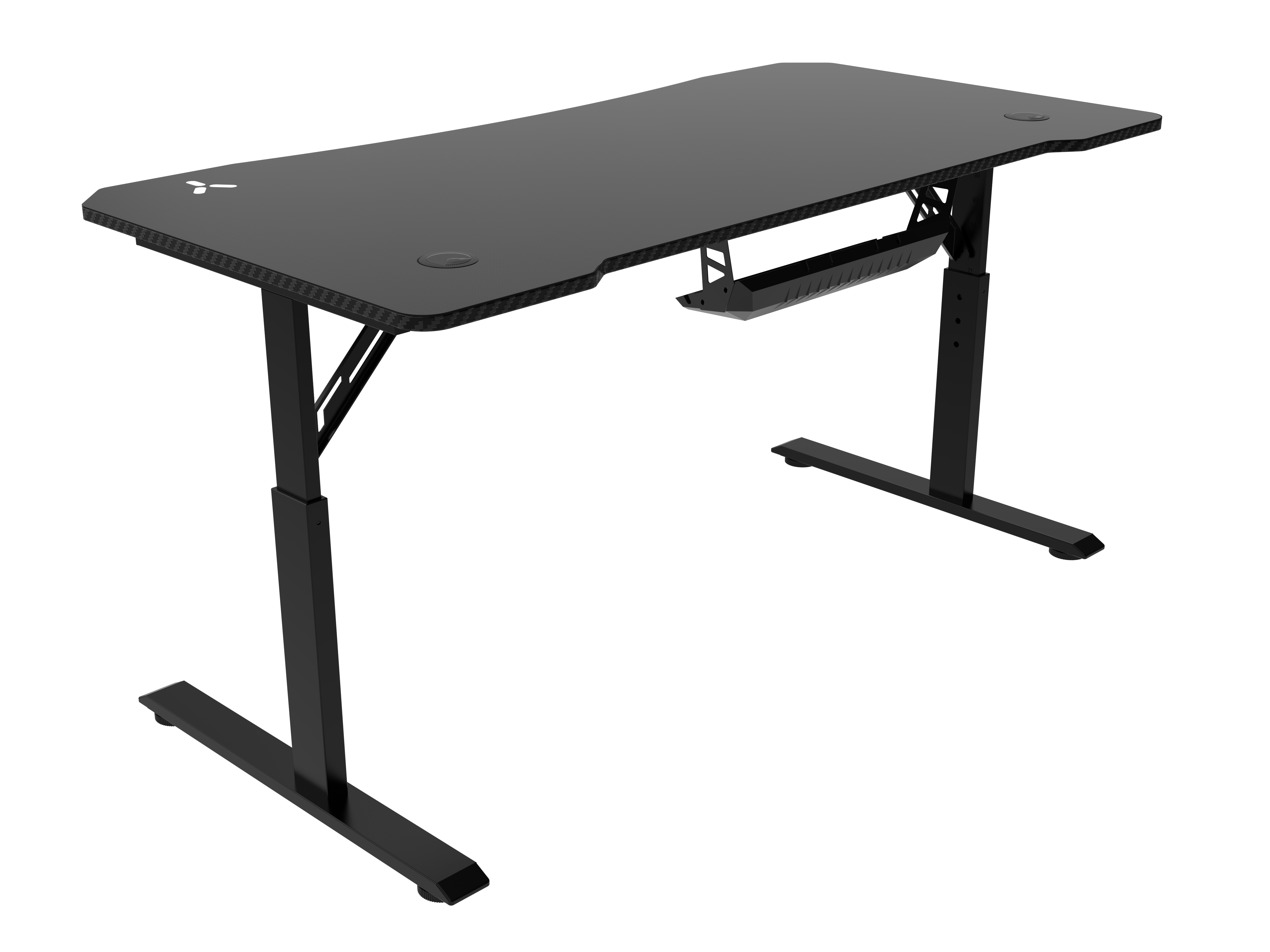 Ein schwarzer Gaming-Schreibtisch mit Karbonfaserstruktur auf schwarzem Hintergrund. Der Schreibtisch ist höhenverstellbar.
