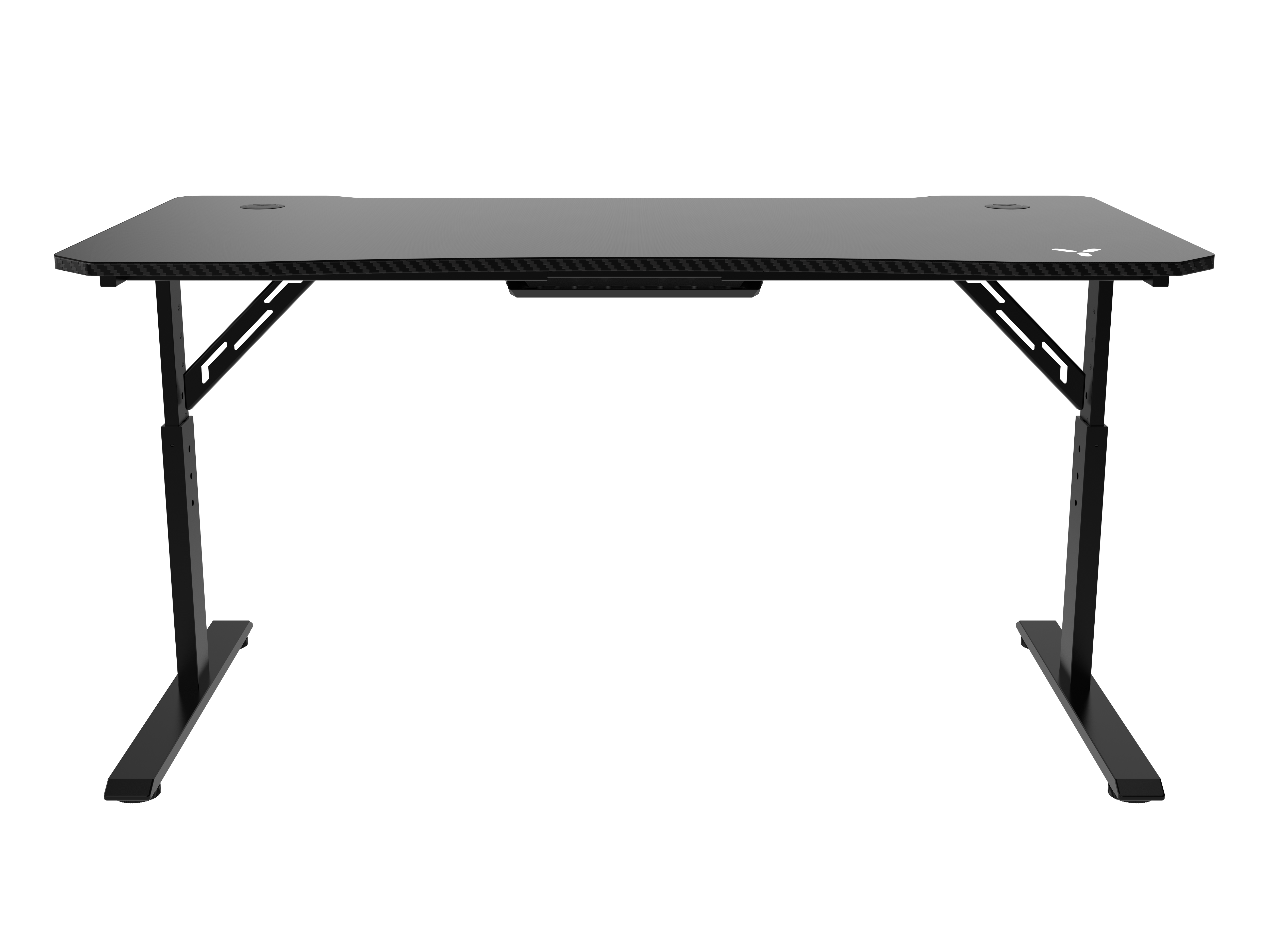 Schwarzer Gaming-Schreibtisch auf schwarzem Hintergrund. Der Schreibtisch hat eine Kohlefaser-Oberfläche.