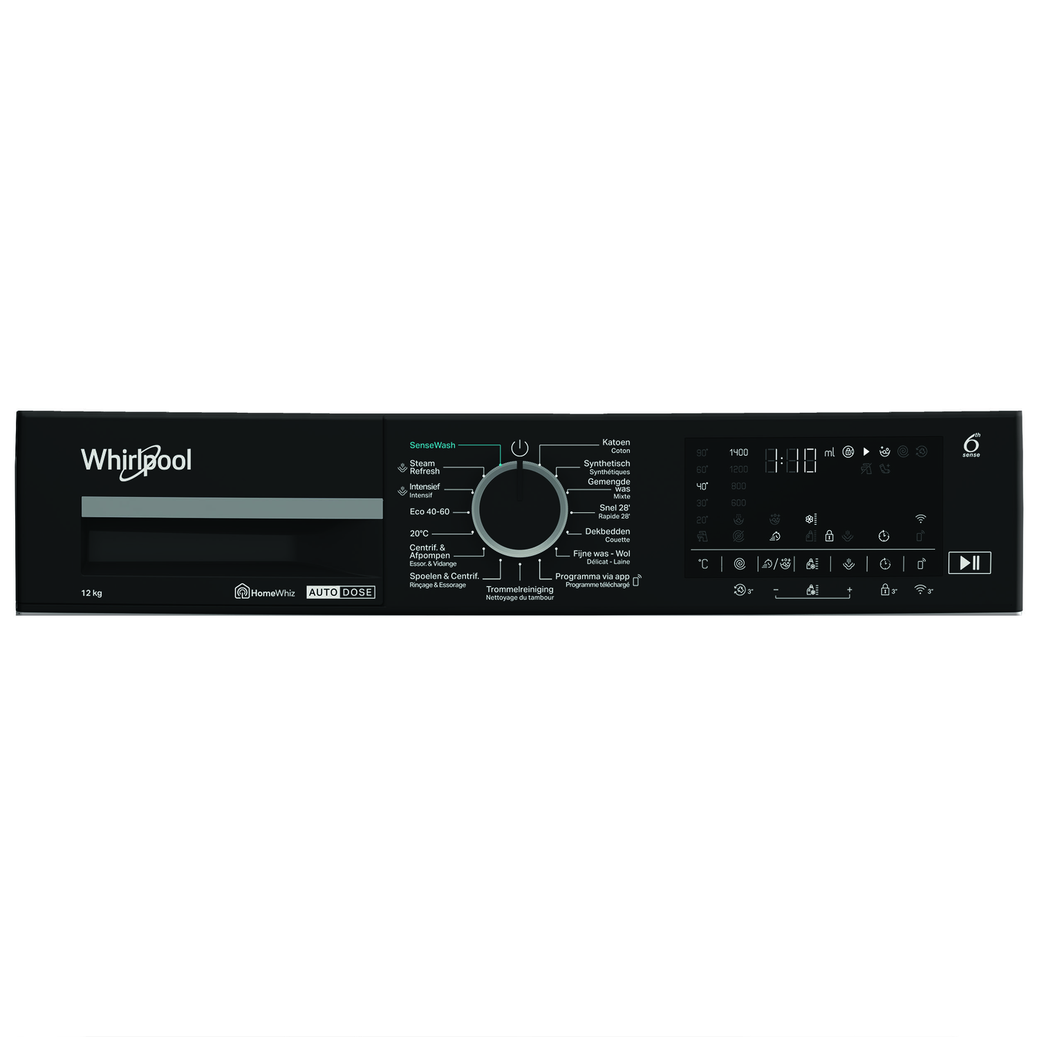 A black Whirlpool washing machine control panel. It has buttons for different washing programs and a digital display.