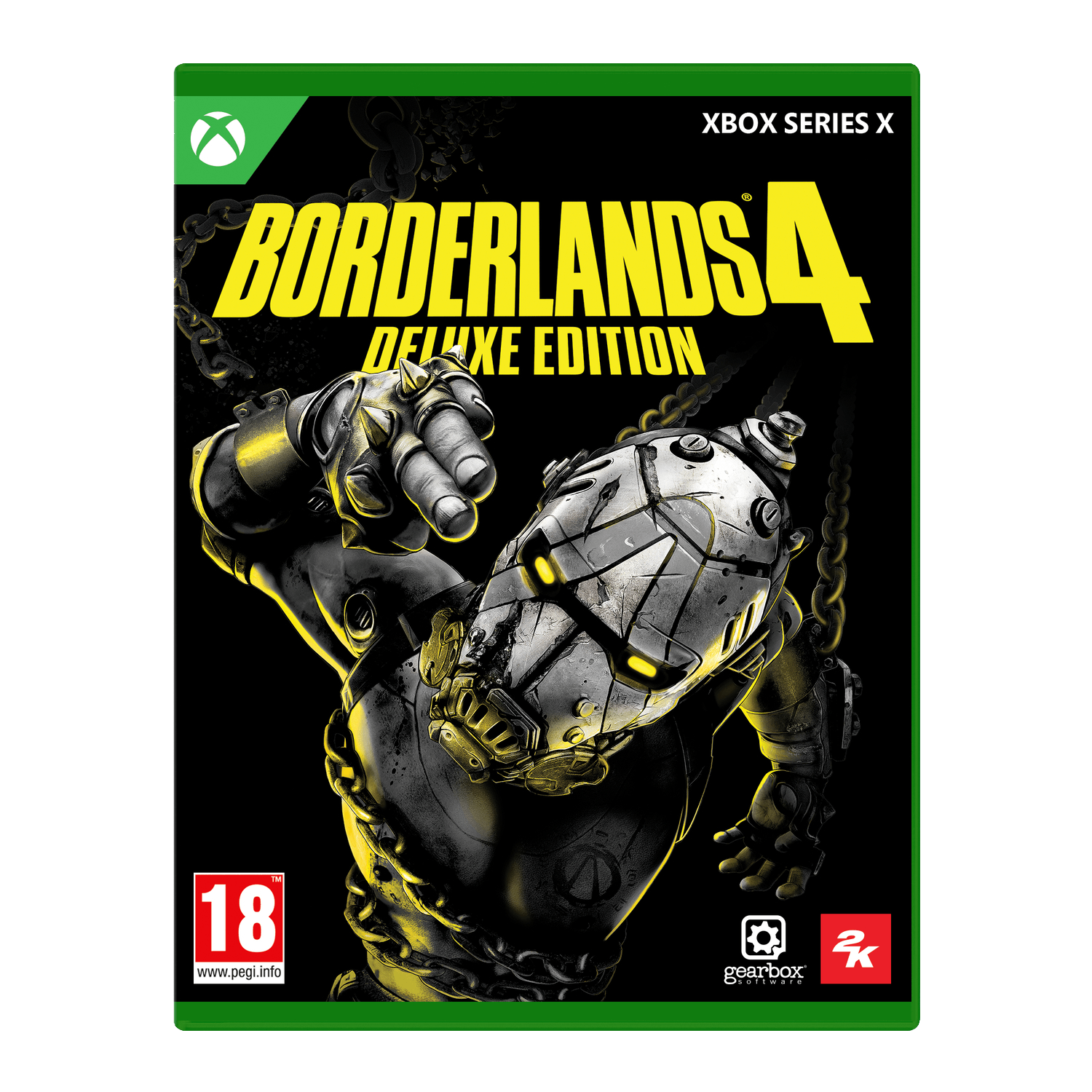 Borderlands 4 Deluxe Edition Xbox Series X gamecover. Een robotachtig figuur in dynamische pose, kettingen, zwarte achtergrond.