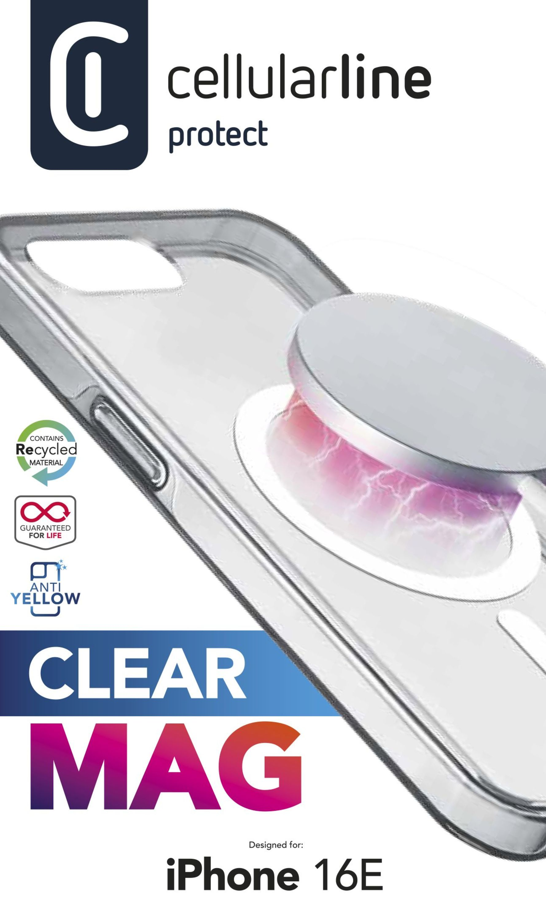 Yuvarlak şarj cihazlı şeffaf bir telefon kılıfı, Cellularline logosu ve geri dönüştürülmüş malzeme ve iPhone 16E uyumluluğunu gösteren metin.