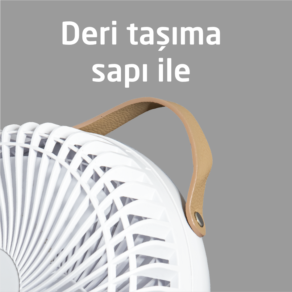 Kahverengi deri saplı beyaz bir vantilatörün yakın çekimi. "Deri taşıma sapı ile" metni beyaz renkte yazılmıştır.