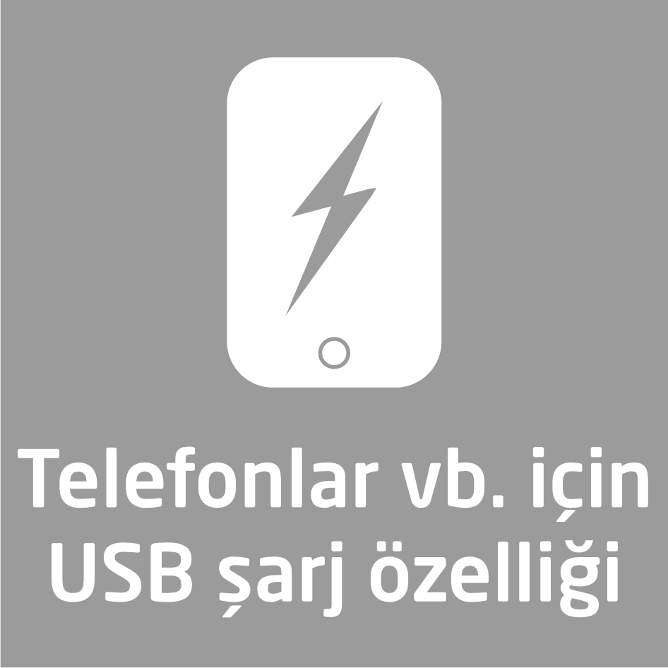 Yıldırım işareti olan beyaz telefon simgesi, USB şarjını gösteriyor. Altında 'Telefonlar vb. için USB şarj özelliği' yazısı.