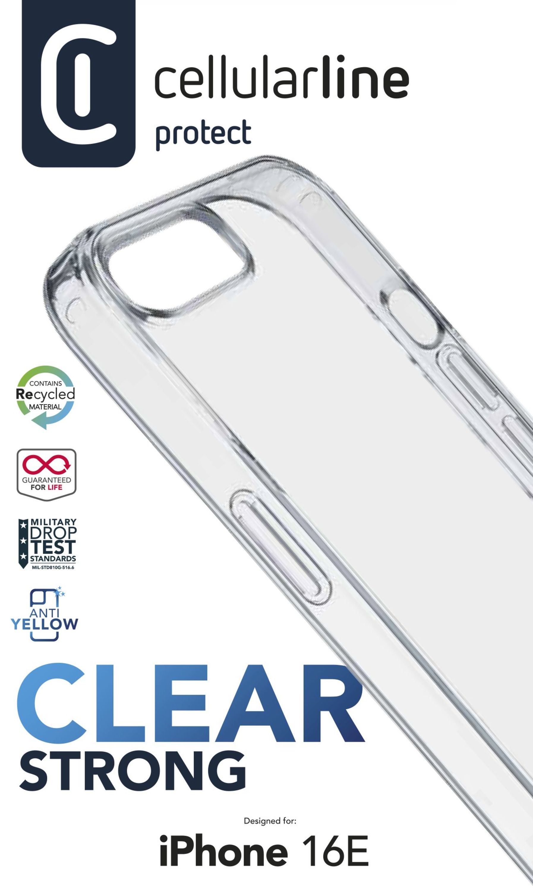 'cellularline protect' logolu şeffaf telefon kılıfı. 'Geri dönüştürülmüş malzeme', 'ömür boyu garanti' ve 'düşme testi' içerir.