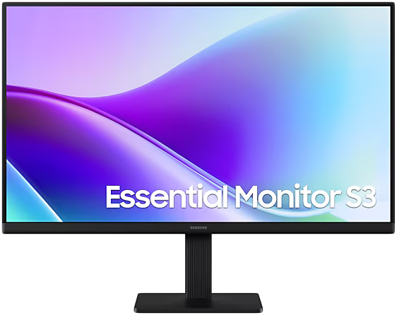 Egy fekete Samsung monitor, a képernyőn a "Essential Monitor S3" felirattal. Fekete állvánnyal és színes háttérrel.