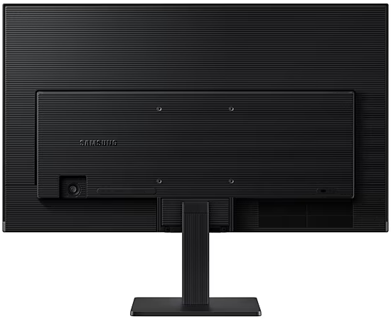Egy fekete Samsung monitor hátulja. Látható az állvány, a portok és a Samsung logója. A felület texturált mintázatú.