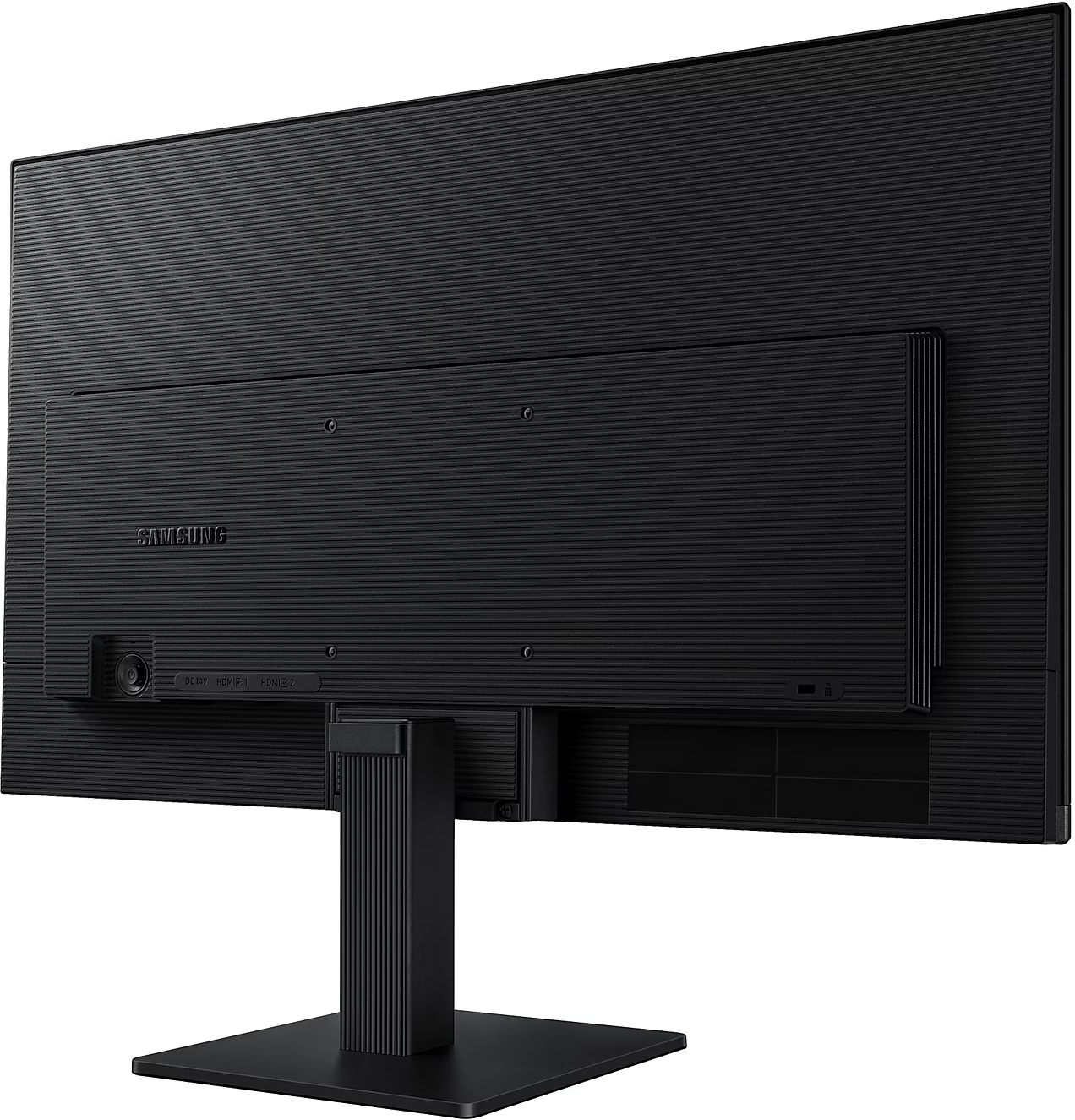 Egy fekete Samsung monitor hátulról. Van egy állványa, csatlakozói és texturált hátlapja. Az állvány fekete.