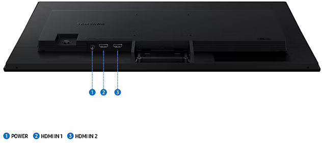 Egy fekete Samsung monitor hátulja. Portok: tápellátás, két HDMI bemenet. A szöveg címkézi a portokat.
