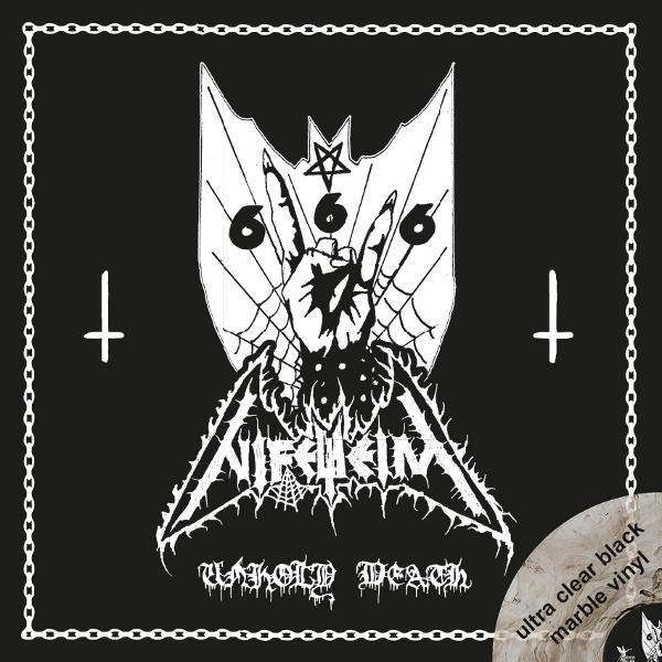 Schwarz-weißes Albumcover mit Hand, Spinnennetz, umgekehrtem Kreuz, der Zahl 666 und den Worten „UNHOLY DEATH“.