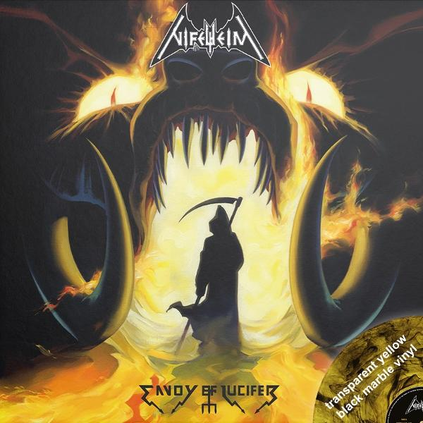 Albumcover mit Sensenmann, Dämonenkopf und feurigem Hintergrund. Text lautet "Nifelheim" und "Envoy Of Lucifer."
