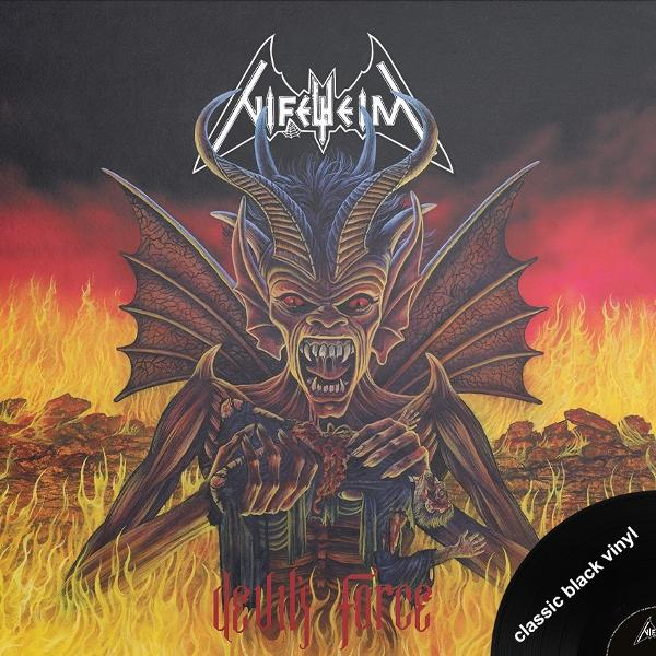 Albumcover. Dämon mit Hörnern, Flügeln und roten Augen, hält Fleisch. Umgeben von Flammen, mit einer schwarzen Vinyl-Schallplatte in der Ecke.