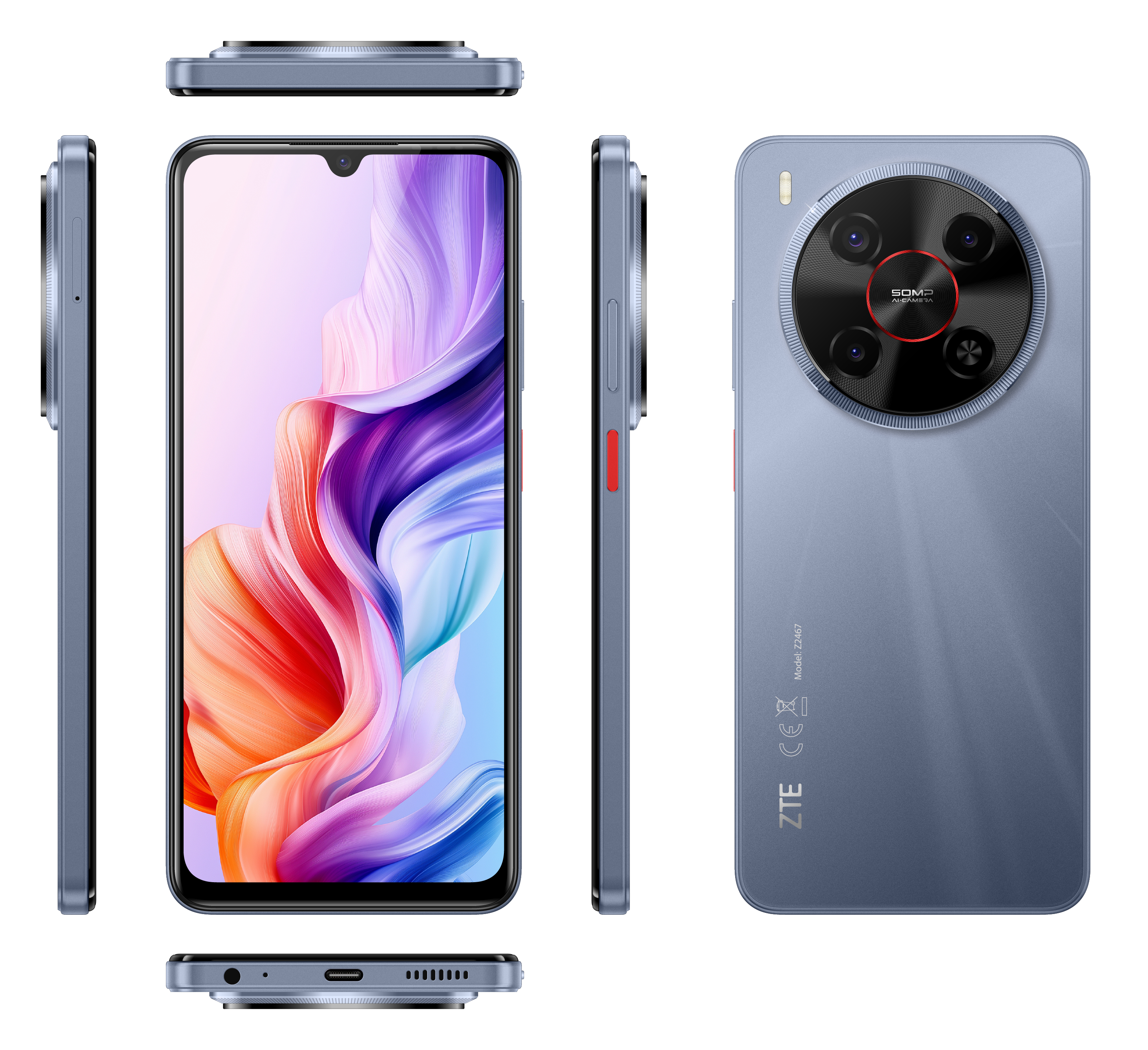 Ein blaues Smartphone wird aus mehreren Blickwinkeln gezeigt. Es hat eine große Kameralinse, einen Bildschirm mit abstraktem Design und rote Knöpfe.