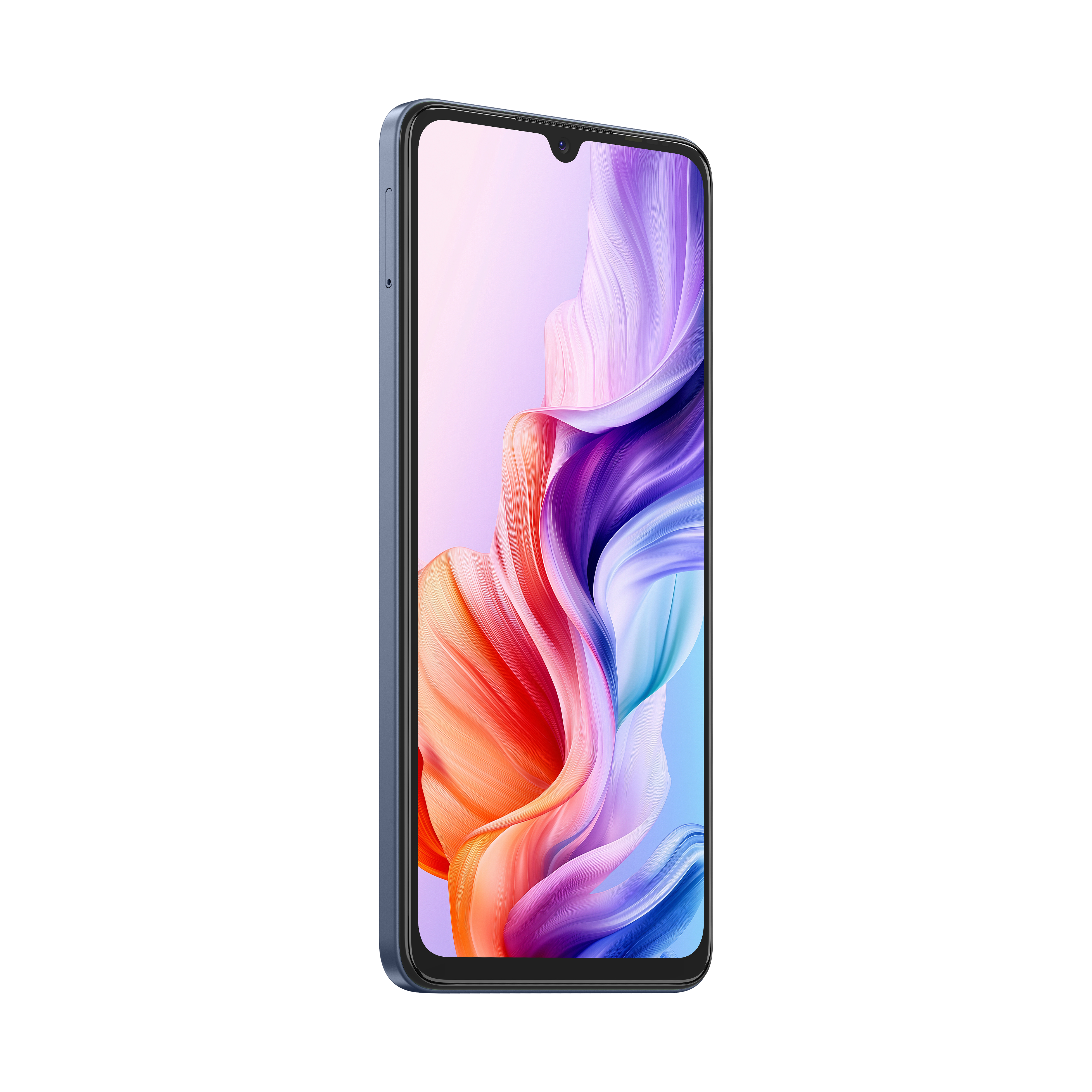 Ein blaues Smartphone wird diagonal angezeigt. Der Bildschirm zeigt bunte abstrakte Kunst. Der Hintergrund ist weiß.