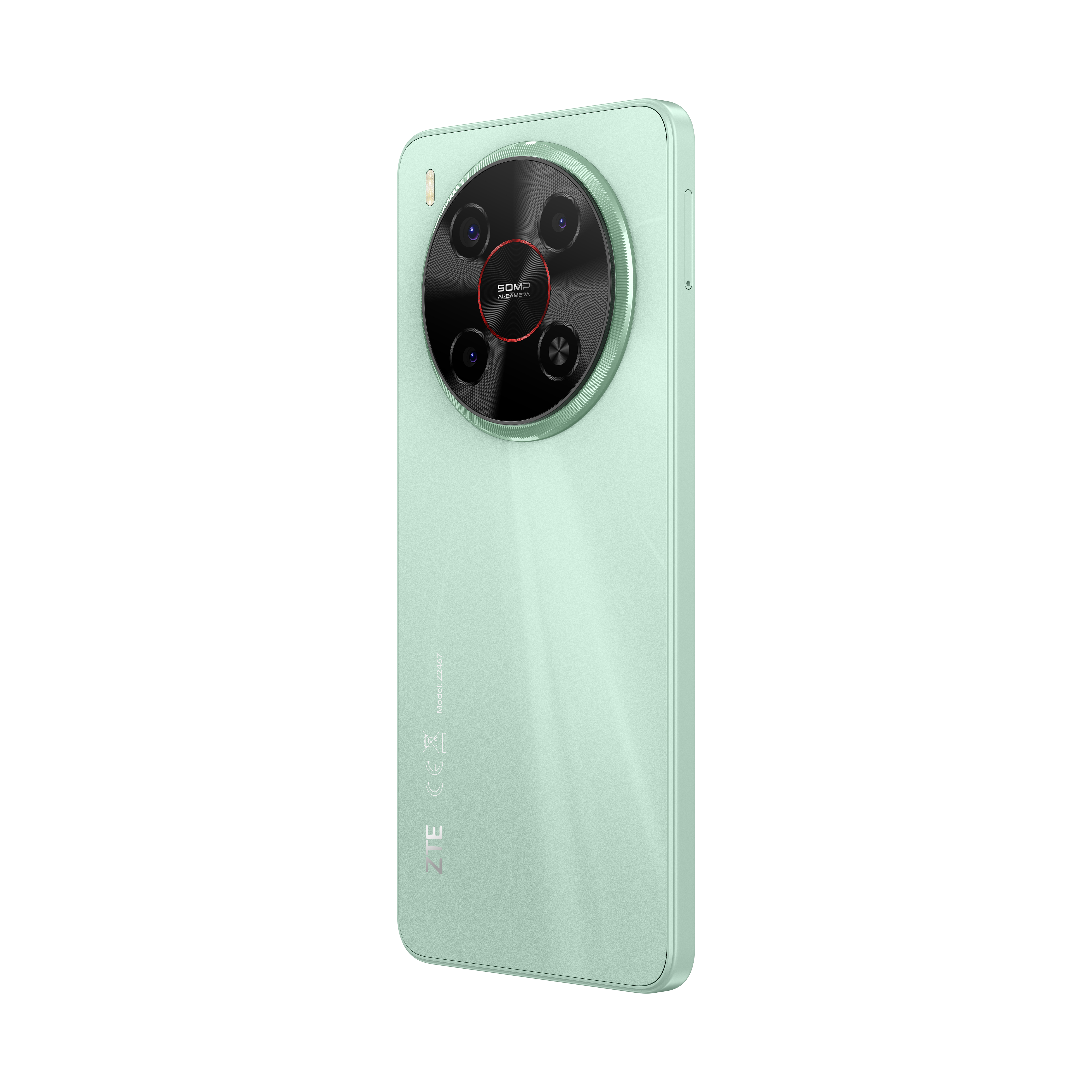 Ein mintgrünes Smartphone mit einem großen Kameramodul. Das Modul hat mehrere Objektive und einen roten Akzent.