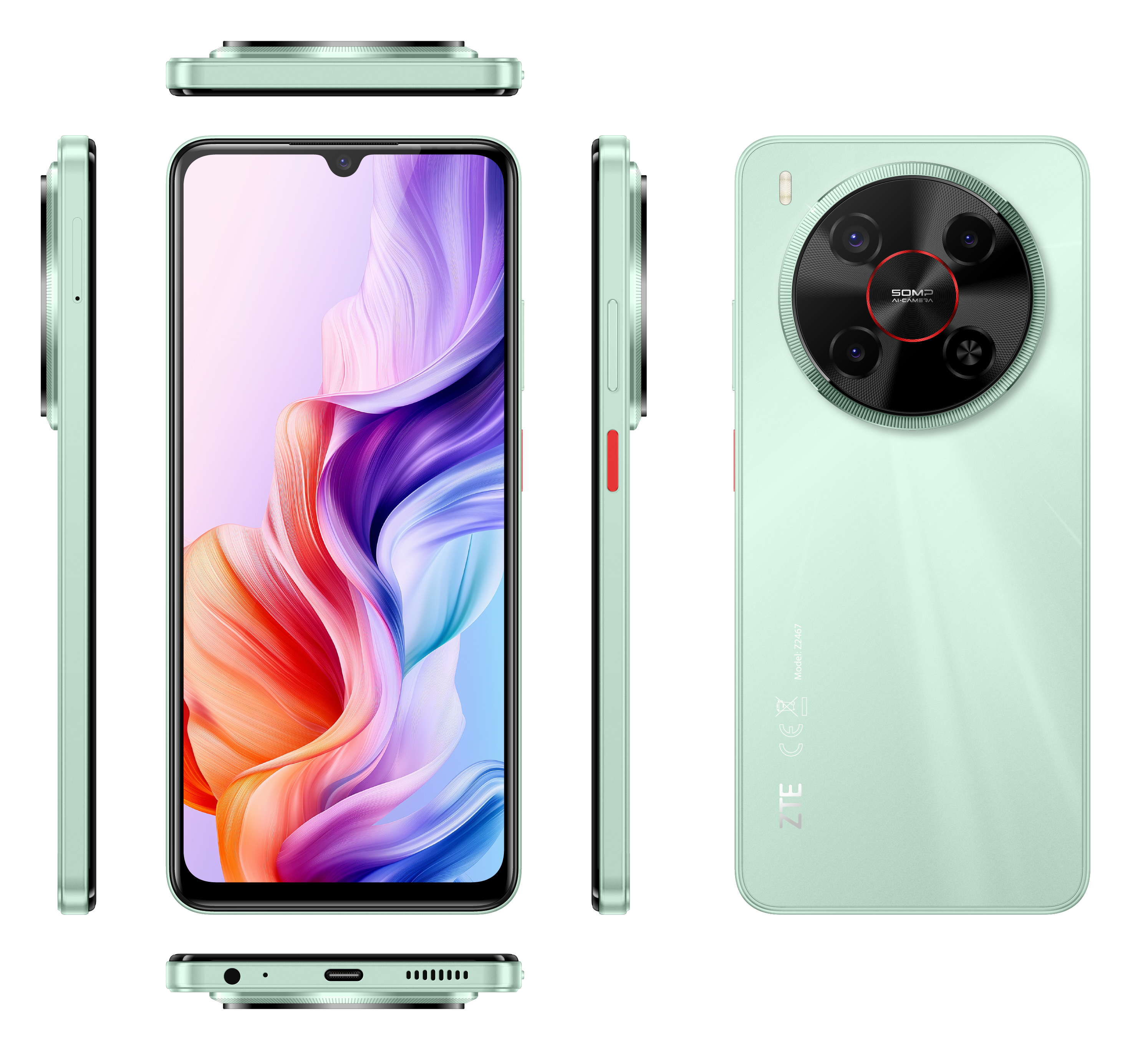 Ein mintgrünes Smartphone mit mehreren Ansichten. Es hat ein großes Kameramodul, ein farbenfrohes Display und eine rote Ein/Aus-Taste.