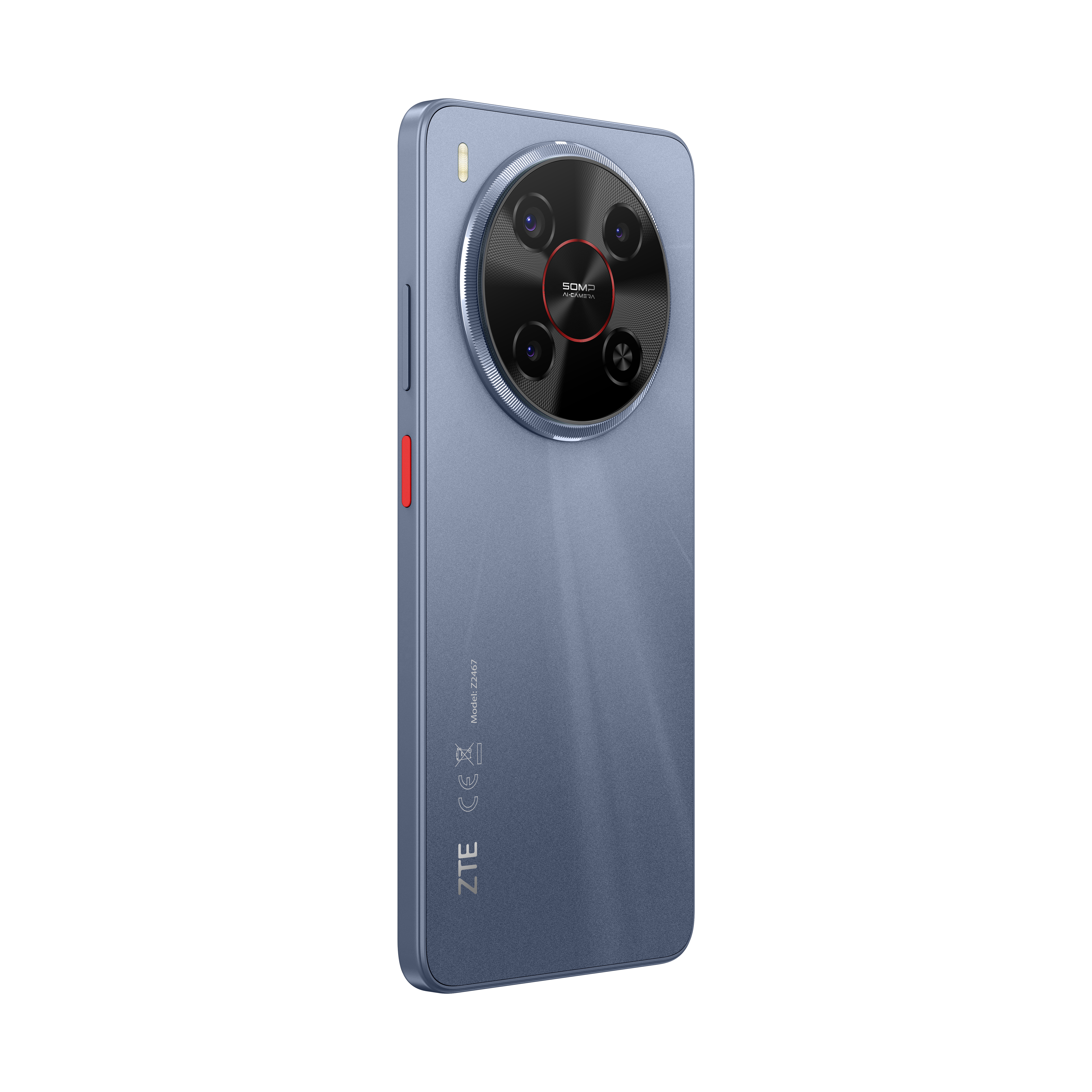 Ein blaues ZTE-Smartphone ist abgewinkelt. Es hat eine markante Kameraanordnung mit mehreren Linsen und einem roten Akzent.