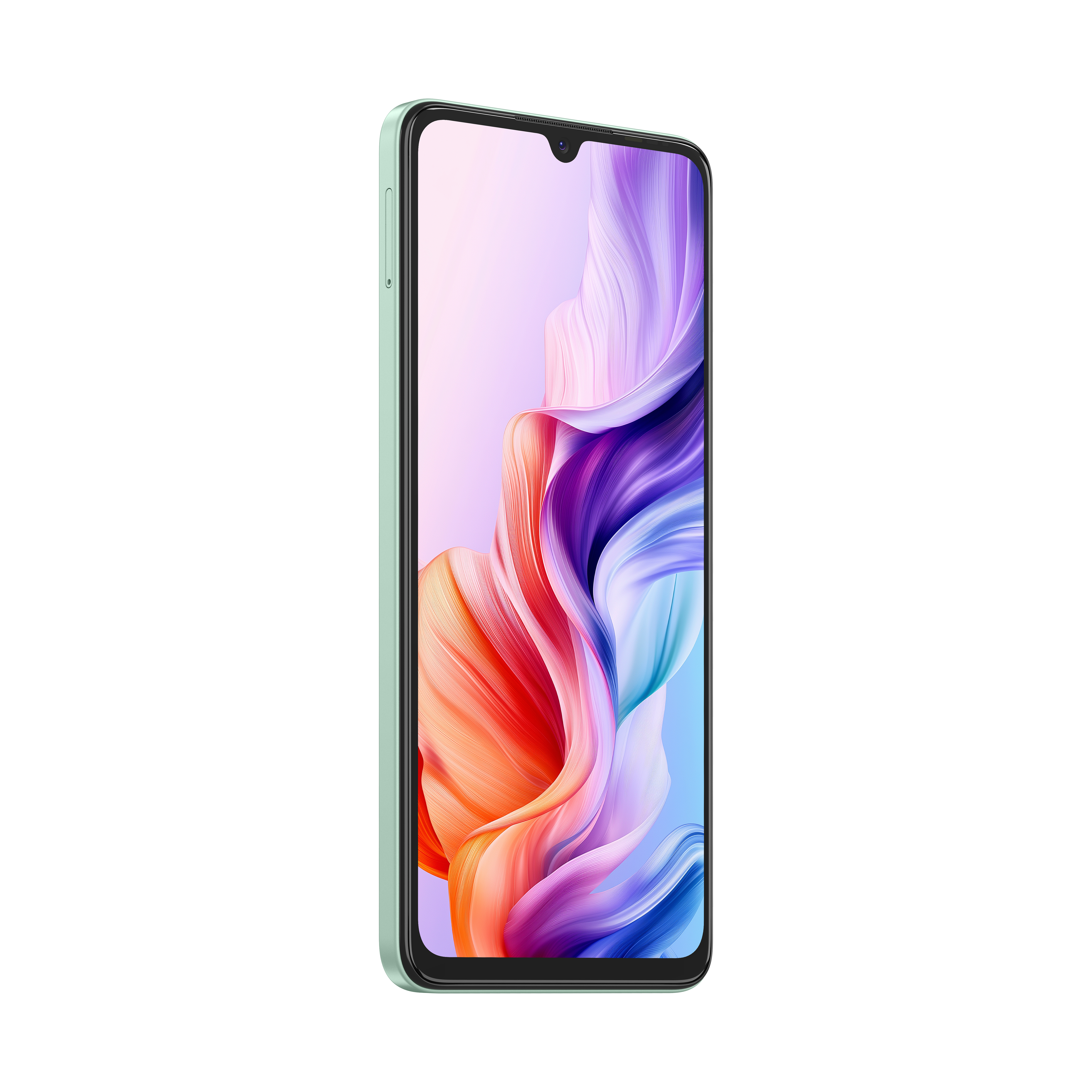 Ein hellgrünes Smartphone mit buntem, abstrakten Hintergrundbild ist leicht nach links geneigt.