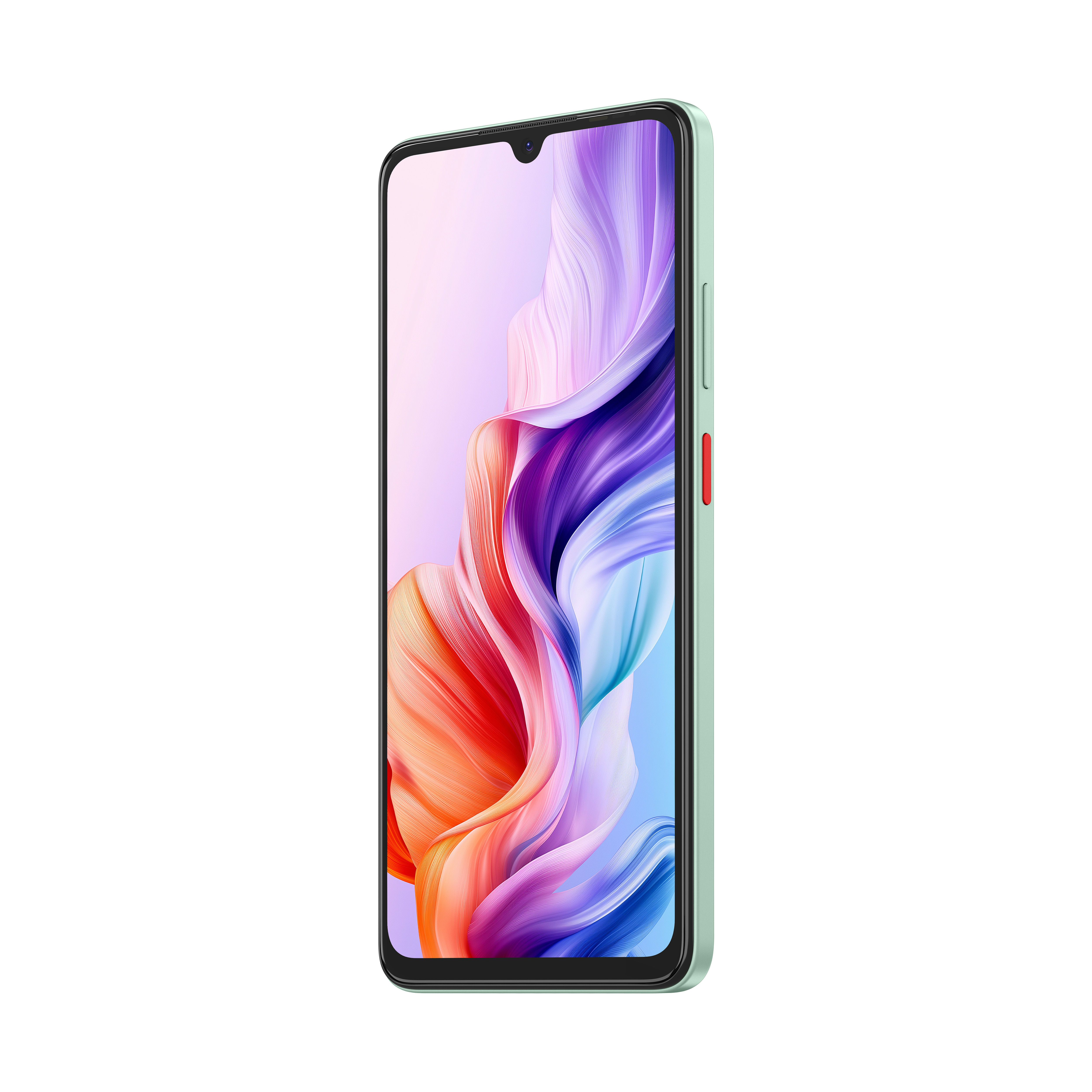 Ein mintgrünes Smartphone, nach rechts geneigt, zeigt ein farbenfrohes, abstraktes Design auf dem Bildschirm. Der Hintergrund ist weiß.