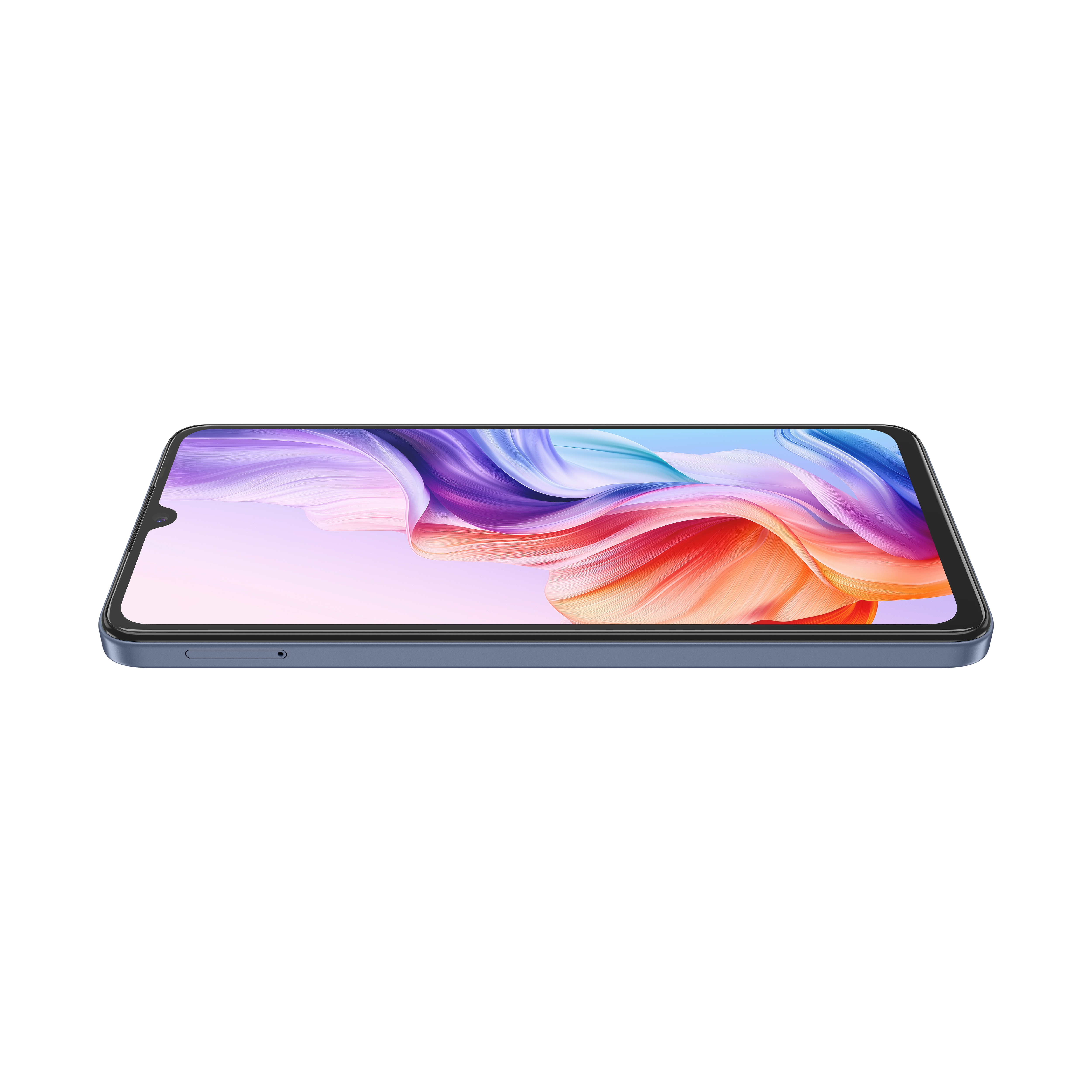 Ein blaues Smartphone liegt horizontal. Der Bildschirm zeigt bunte, abstrakte Kunst. Der Hintergrund ist weiß.