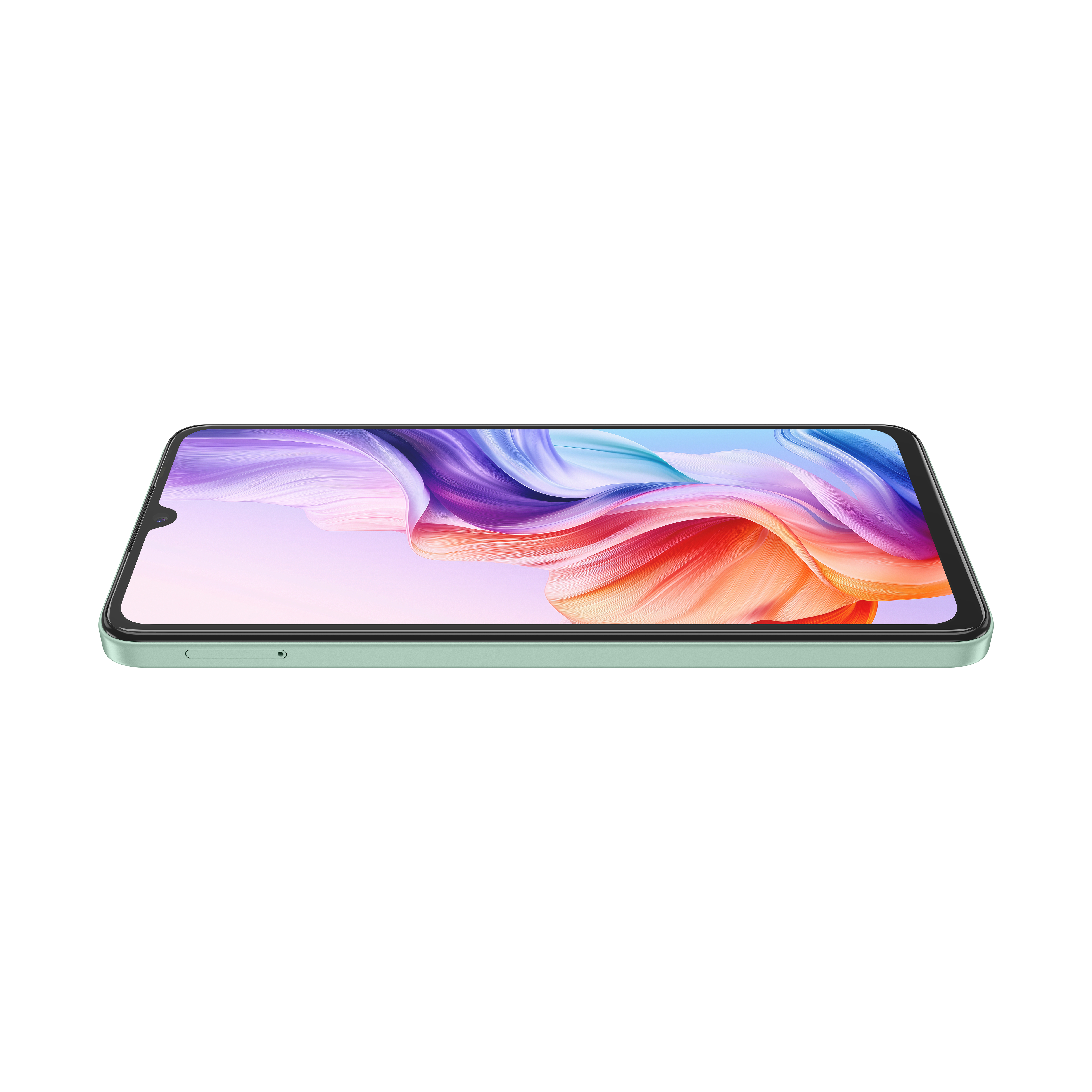 Ein mintfarbenes Smartphone ist leicht angewinkelt. Der Bildschirm zeigt bunte abstrakte Kunst vor weißem Hintergrund.