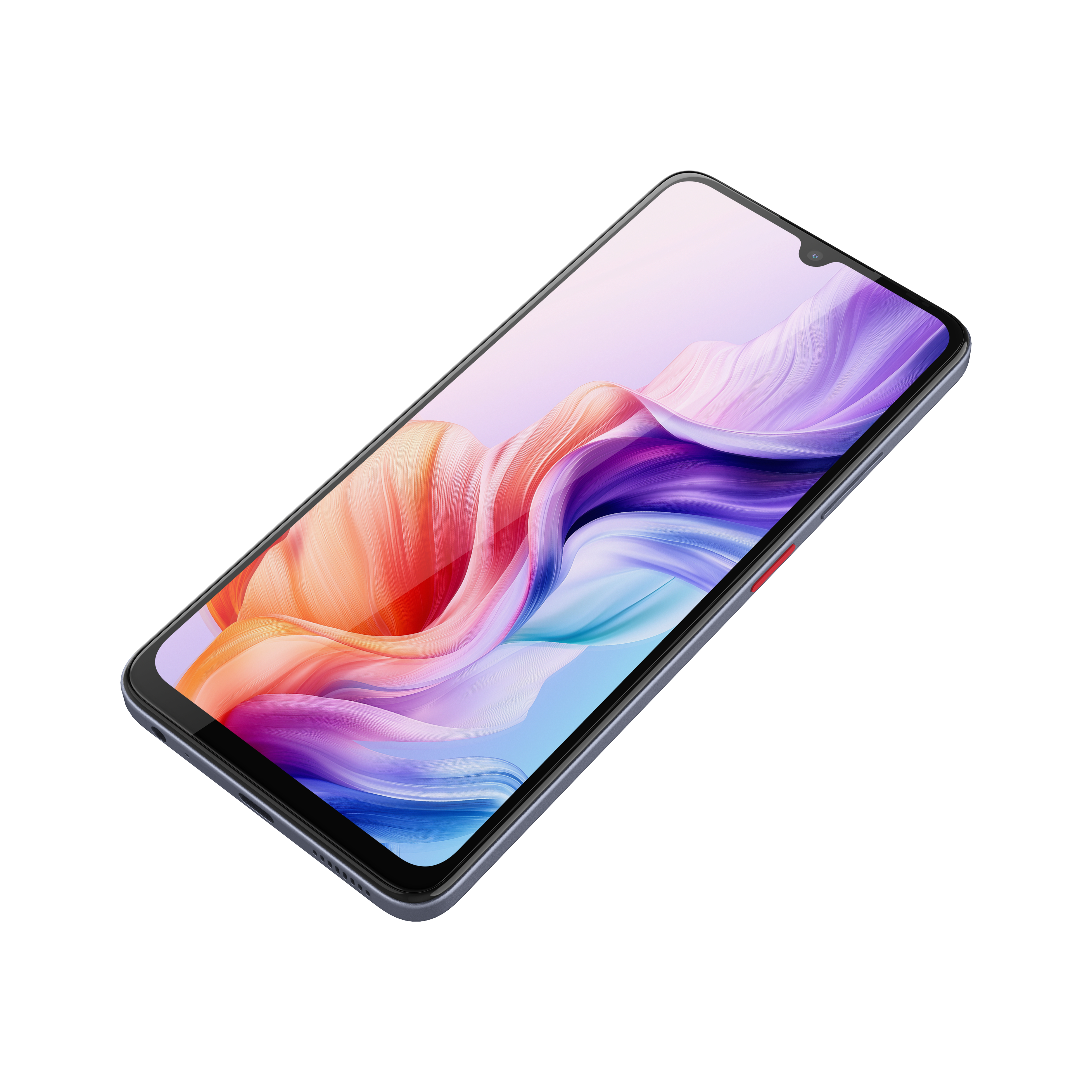 Ein Smartphone mit buntem, abstrakten Hintergrund vor weißem Hintergrund. Das Telefon hat einen schwarzen Rahmen.