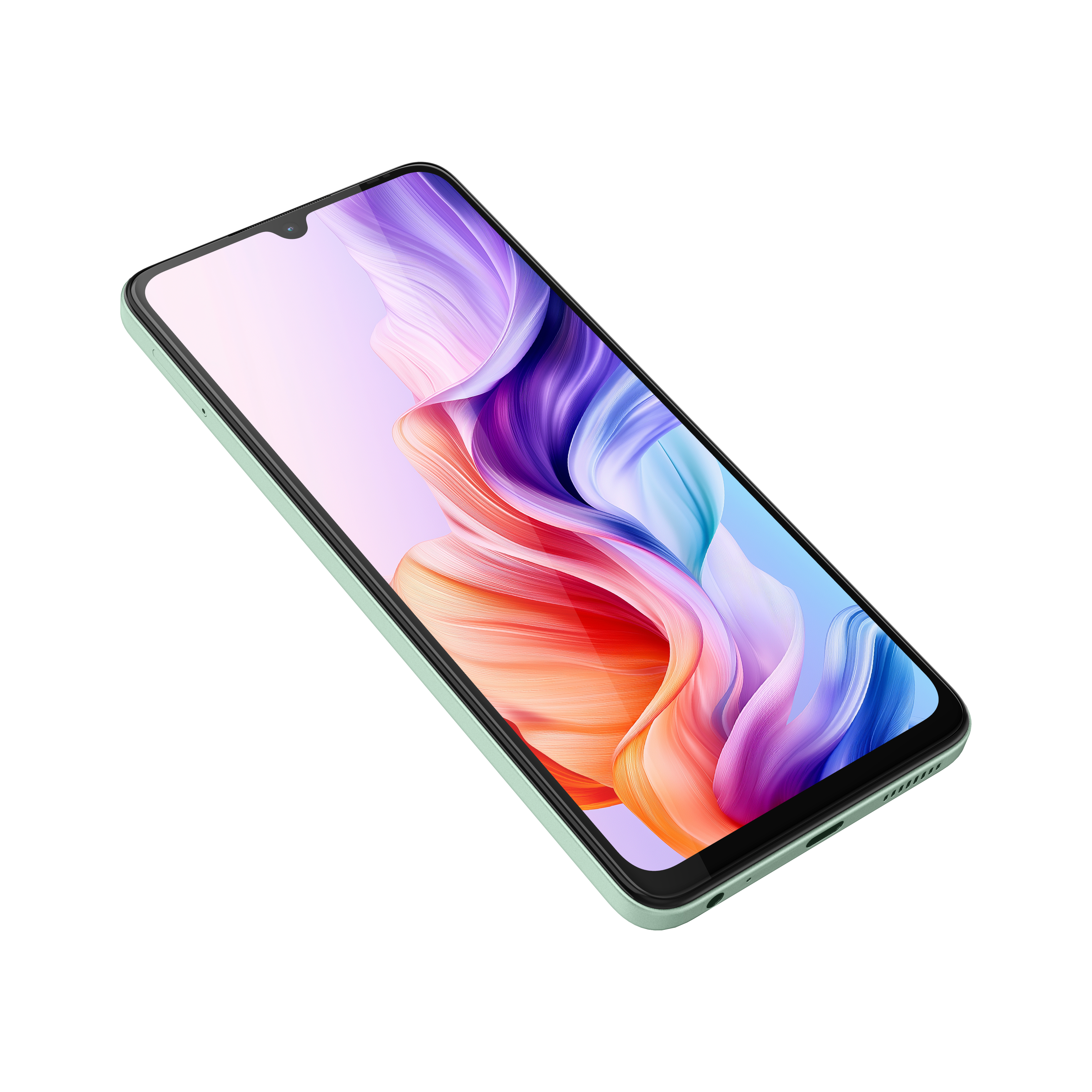 Ein mintgrünes Smartphone zeigt ein farbenfrohes, abstraktes Bild vor weißem Hintergrund. Das Telefon ist abgewinkelt und isoliert.