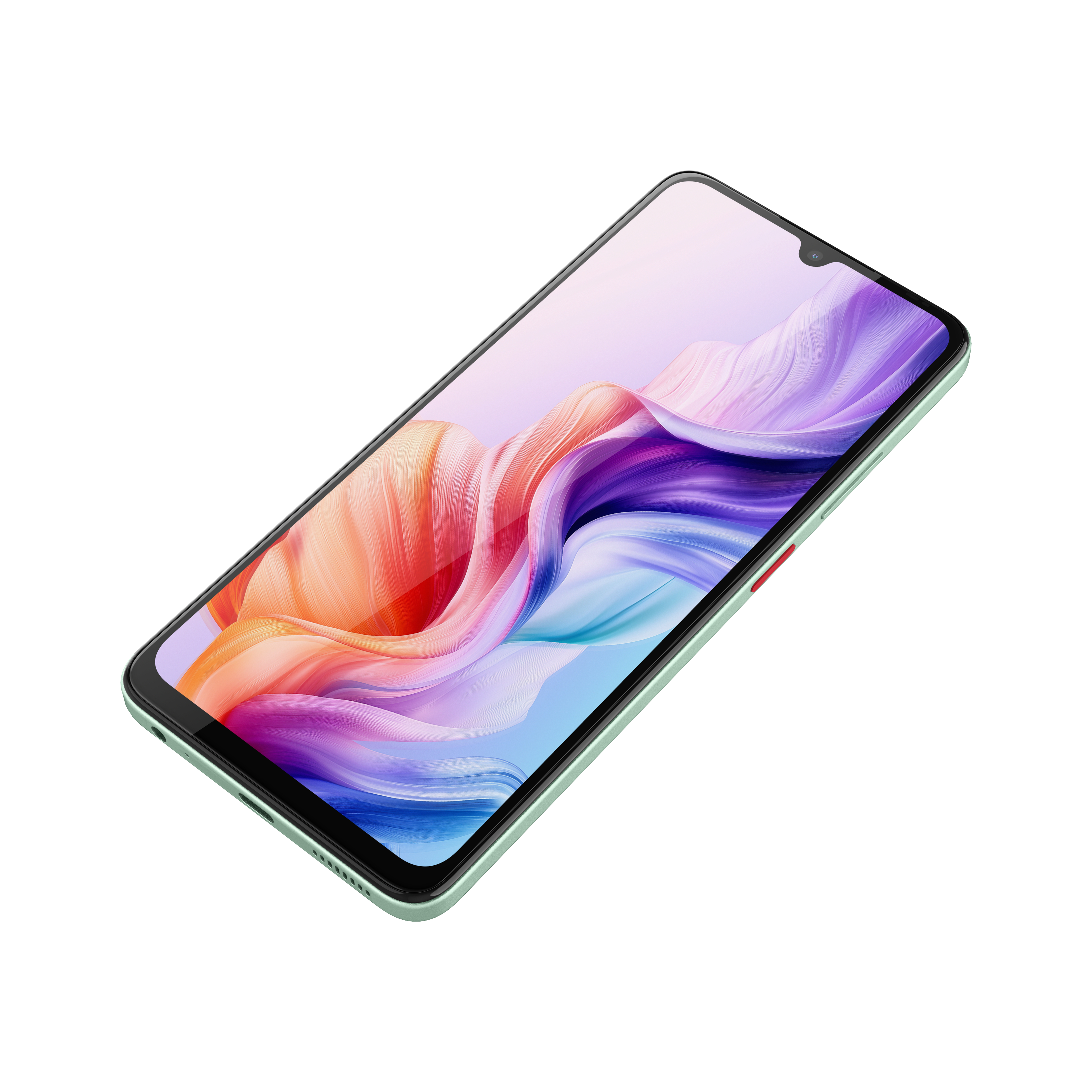 Ein grünes Smartphone mit farbenfrohem, abstraktem Bildschirm. Der Hintergrund ist weiß.