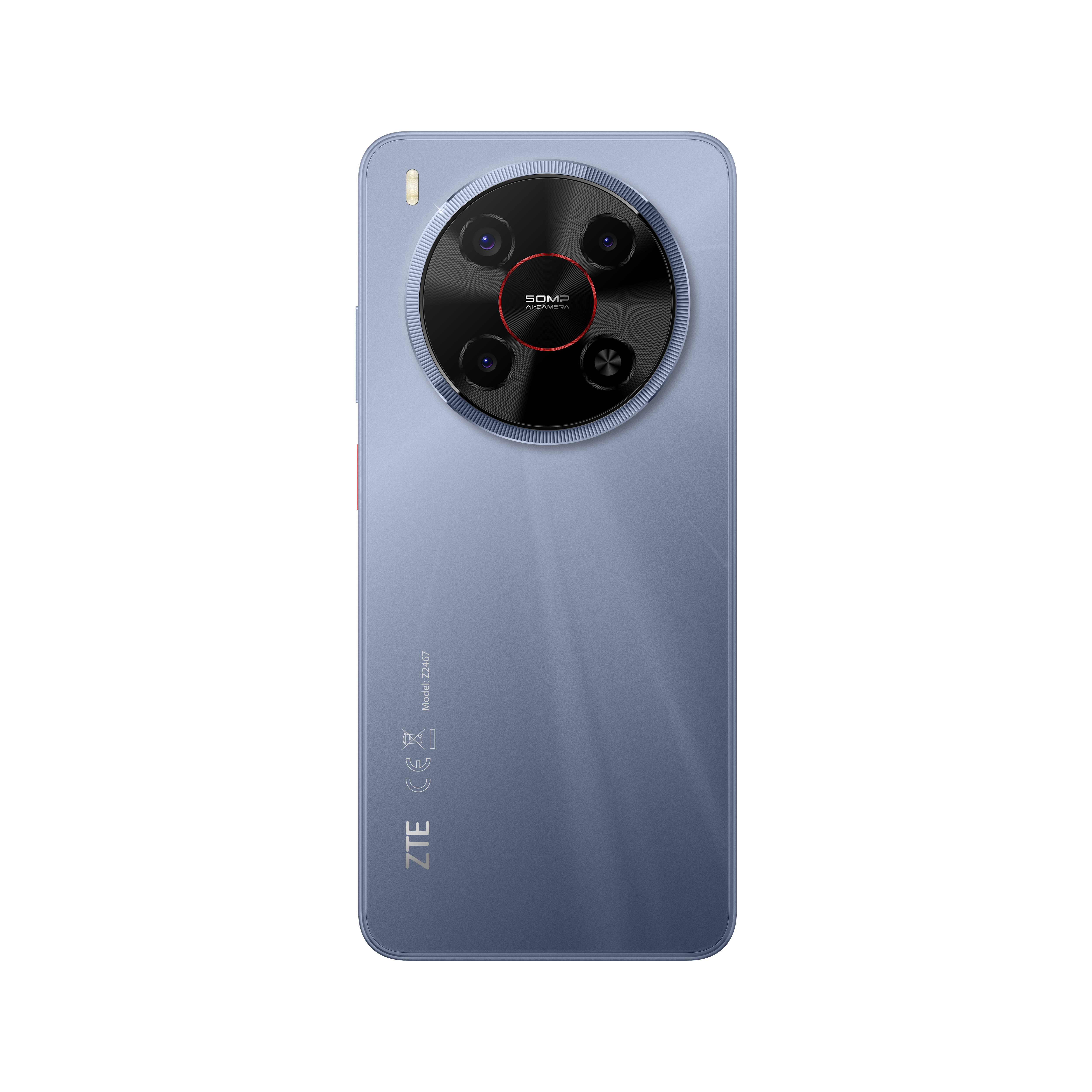 Ein blaues ZTE-Telefon wird gezeigt. Es hat ein großes Kameramodul mit vier Objektiven. Der Hintergrund ist weiß.