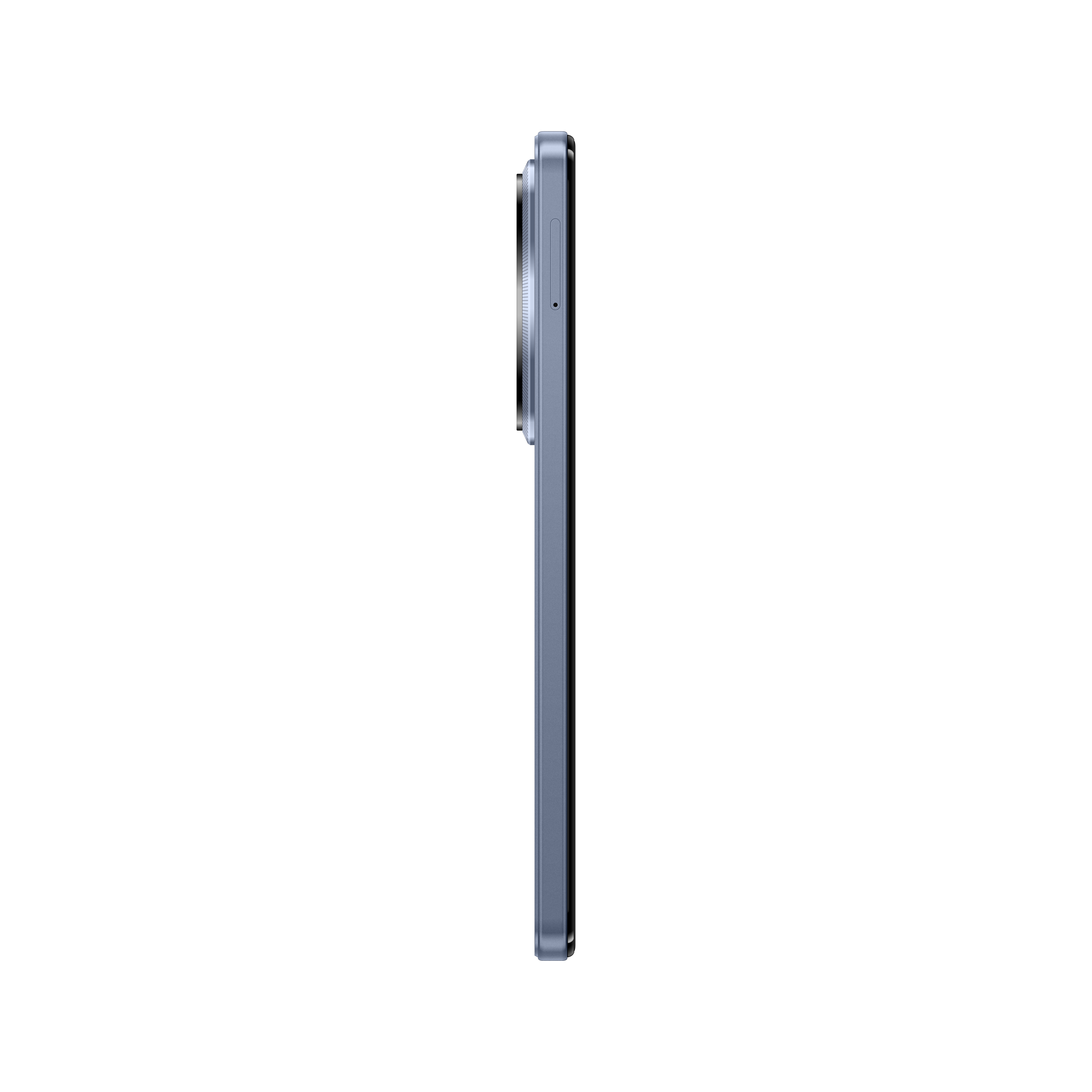 Seitenansicht eines blauen Smartphones. Das Telefon ist vor weißem Hintergrund zu sehen, mit Kamera und Tasten.