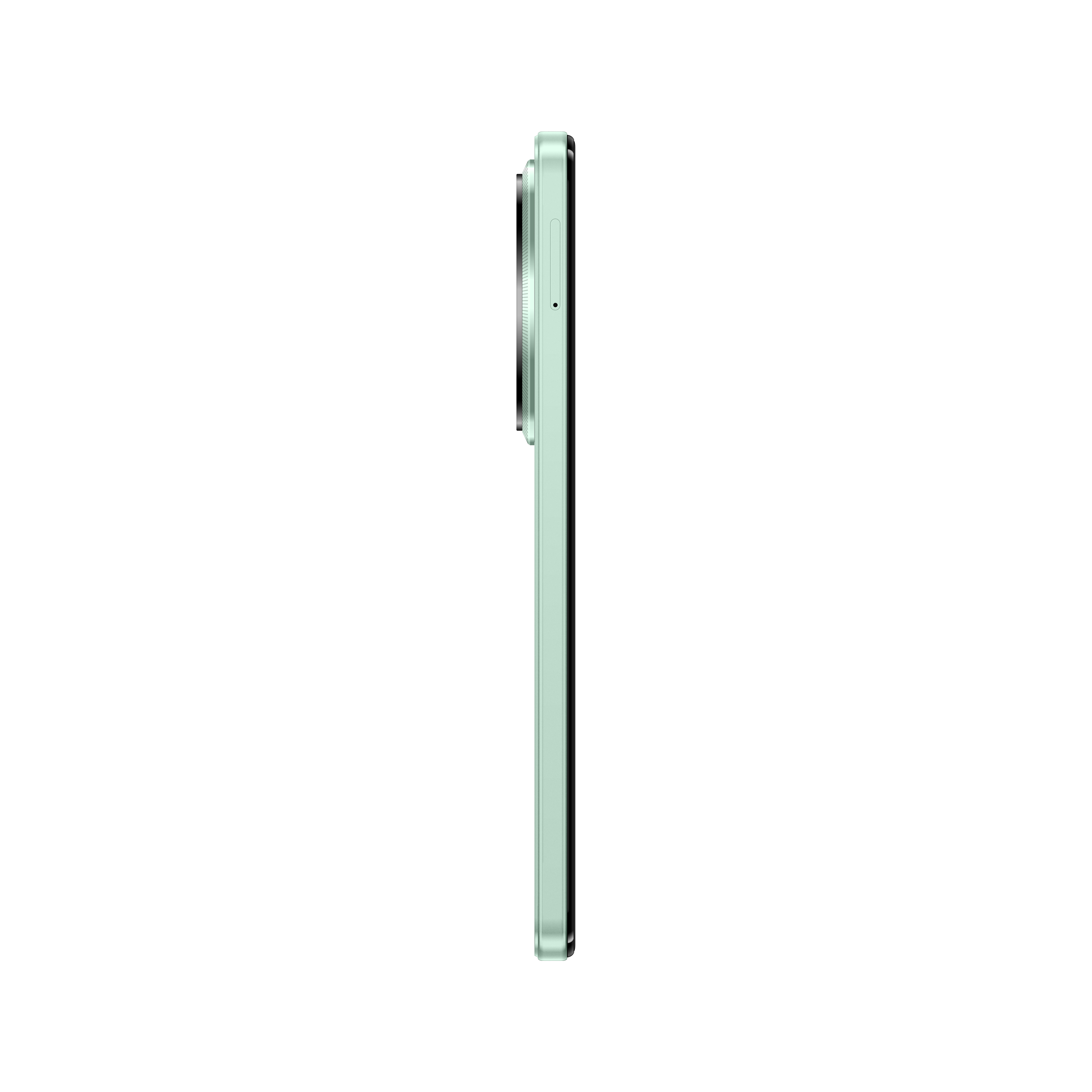 Seitenansicht eines mintgrünen Smartphones auf weißem Hintergrund. Die Kameralinse ist sichtbar.