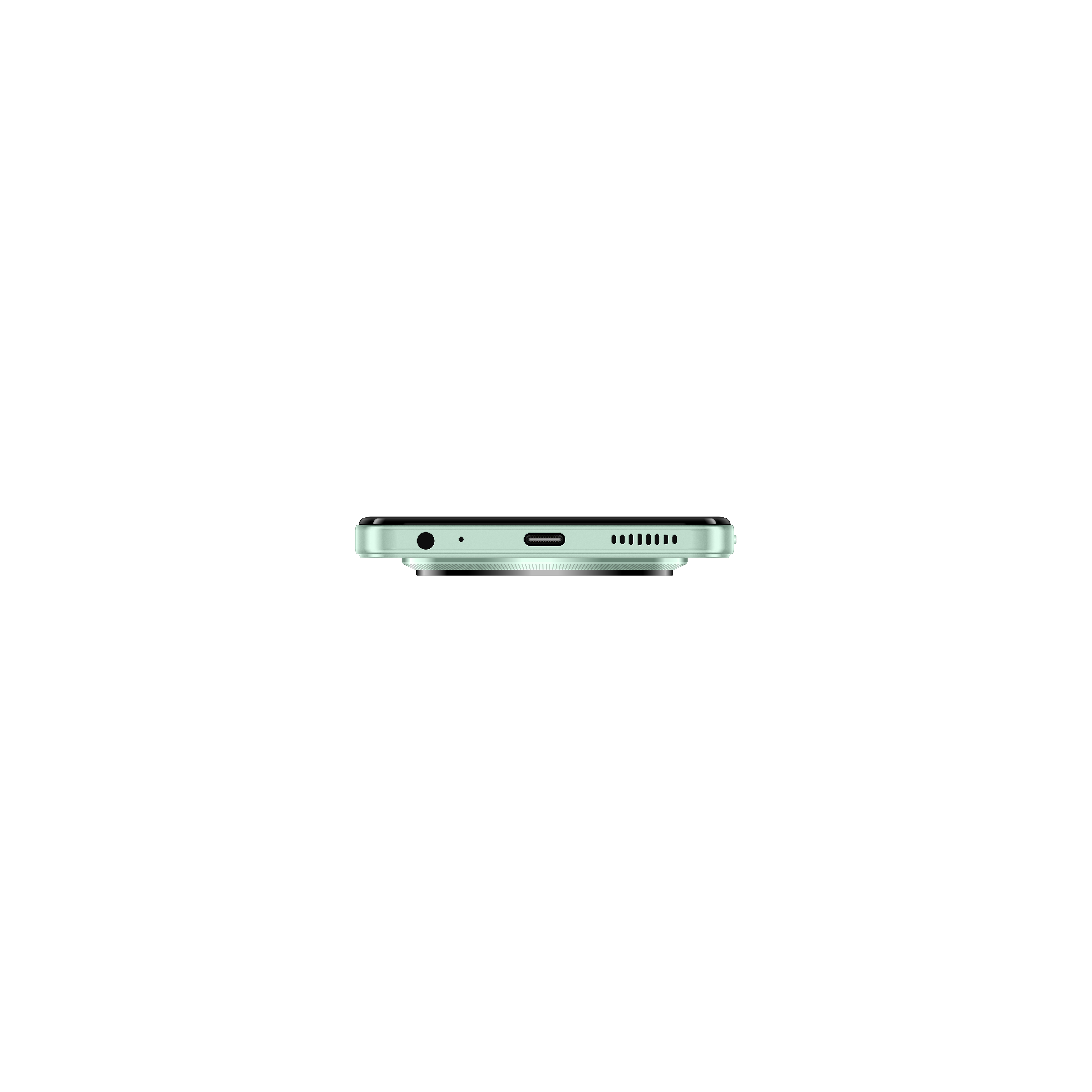 Unterkante eines hellgrünen Telefons. Merkmale sind Kopfhöreranschluss, USB-C-Anschluss und Lautsprecherlöcher auf weißem Grund.