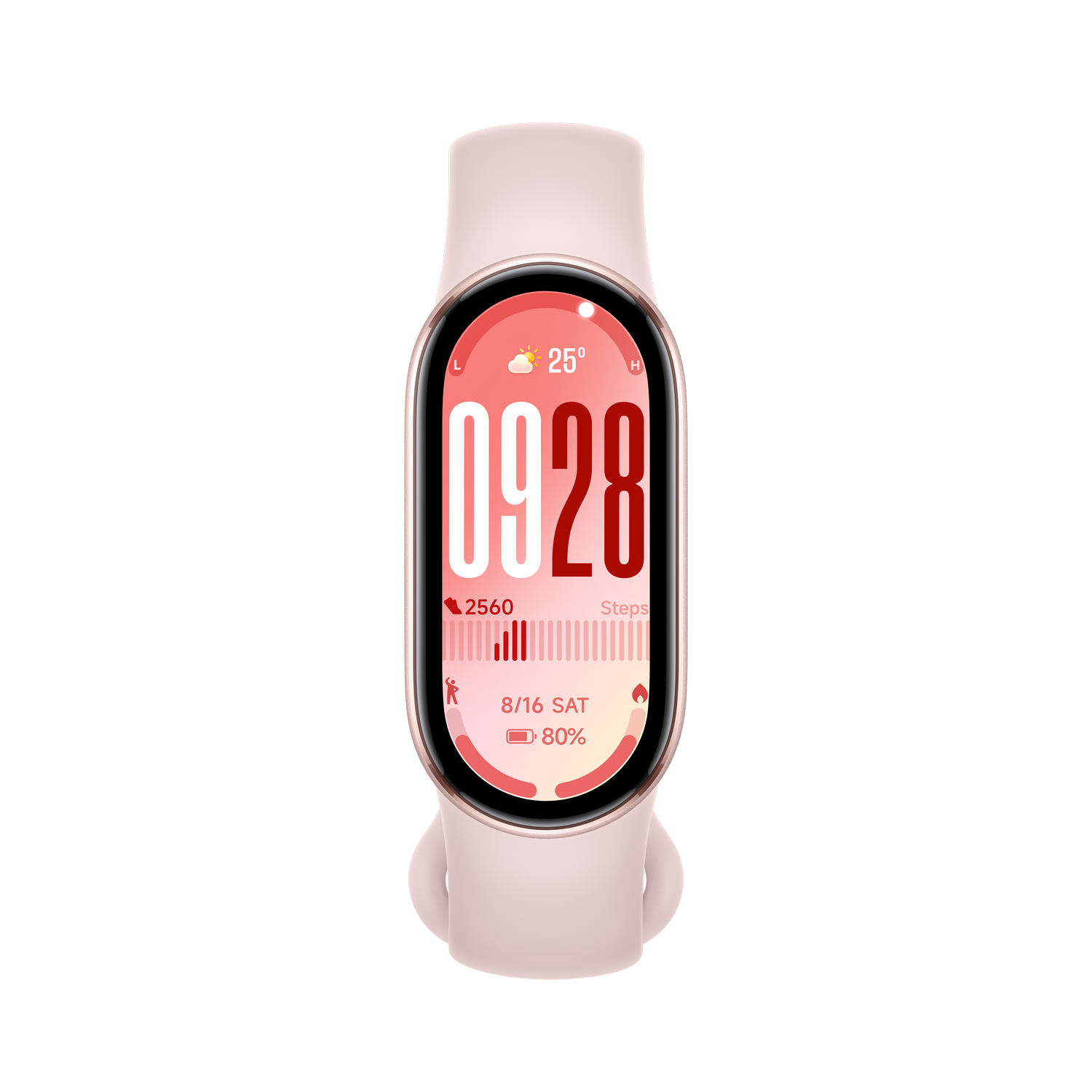 Un reloj inteligente rosa muestra la hora, los pasos y la duración de la batería. El reloj tiene una pantalla roja y una correa rosa sobre fondo gris.