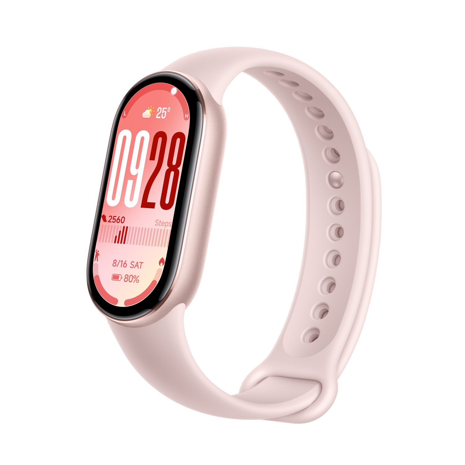 Un reloj inteligente rosa muestra la hora, fecha, pasos y duración de la batería. La correa tiene agujeros para ajustar, sobre fondo gris.