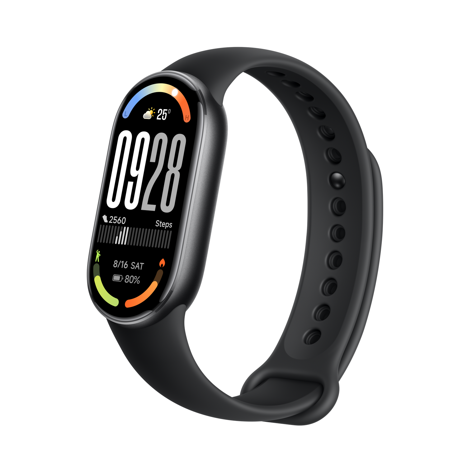 Monitor de fitness negro sobre fondo gris. La pantalla muestra la hora, el clima, los pasos y la duración de la batería. La banda es negra.