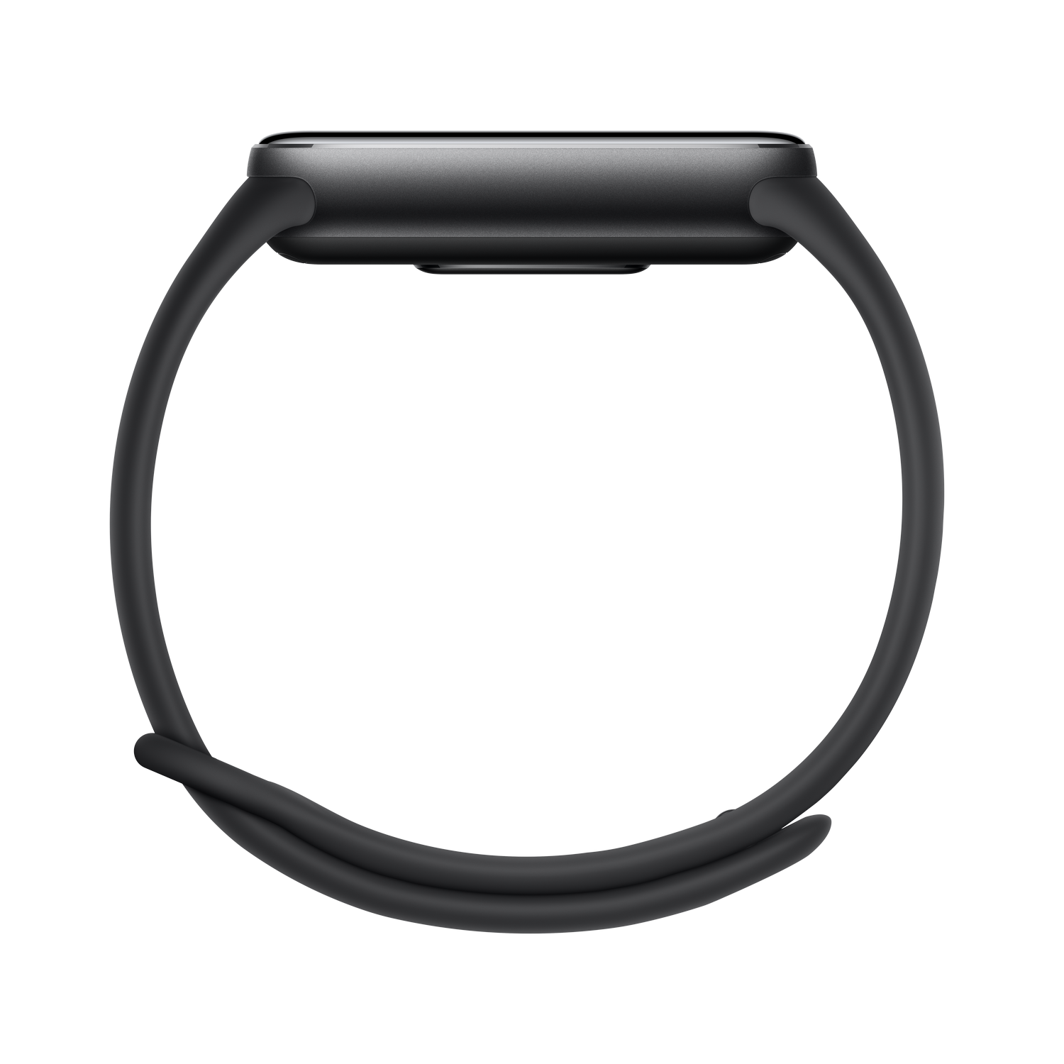 Un reloj inteligente negro sobre fondo gris. El reloj está de perfil, mostrando la pantalla y la correa curva.