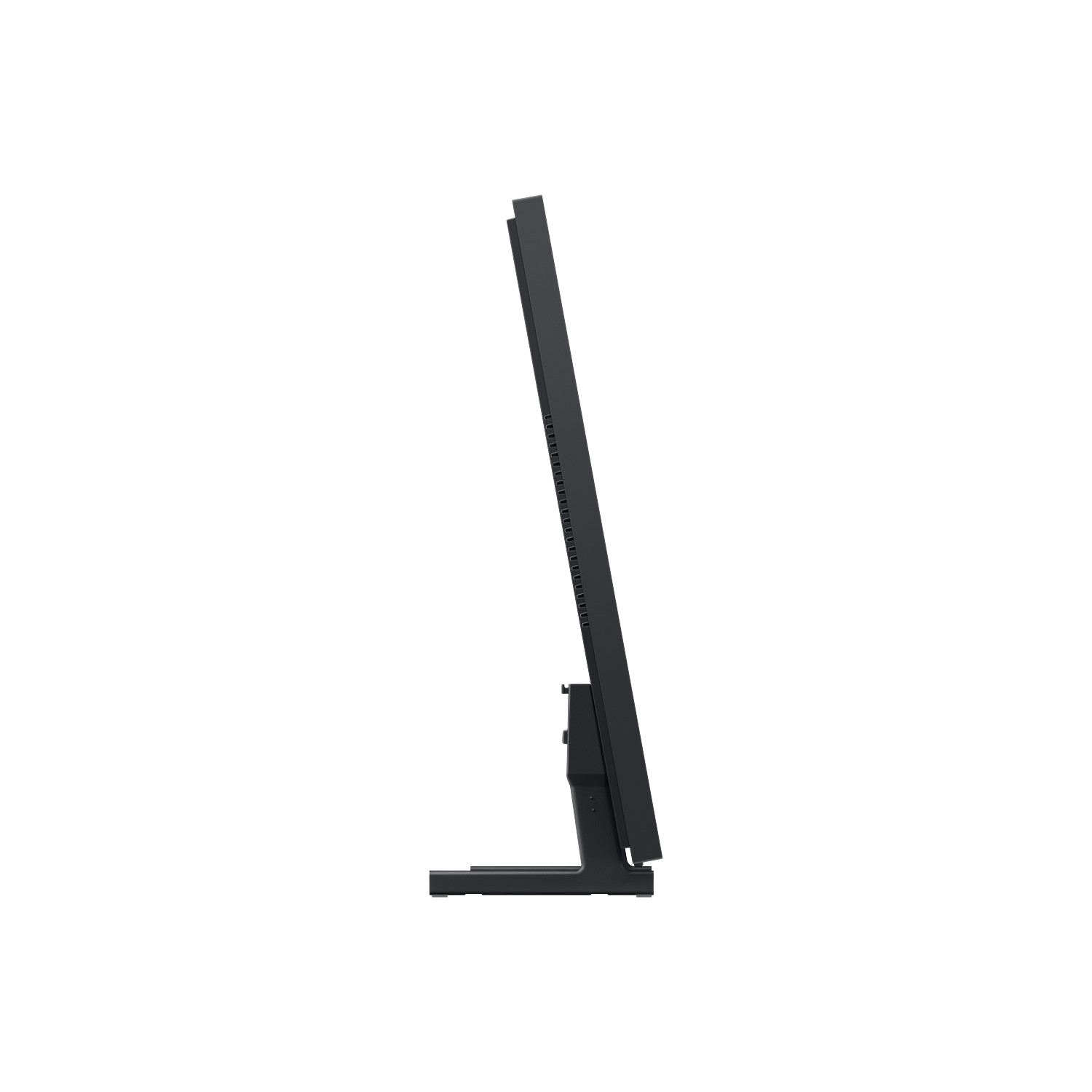 A side view of a black monitor. It is upright, with a stand at the bottom. The background is entirely black.