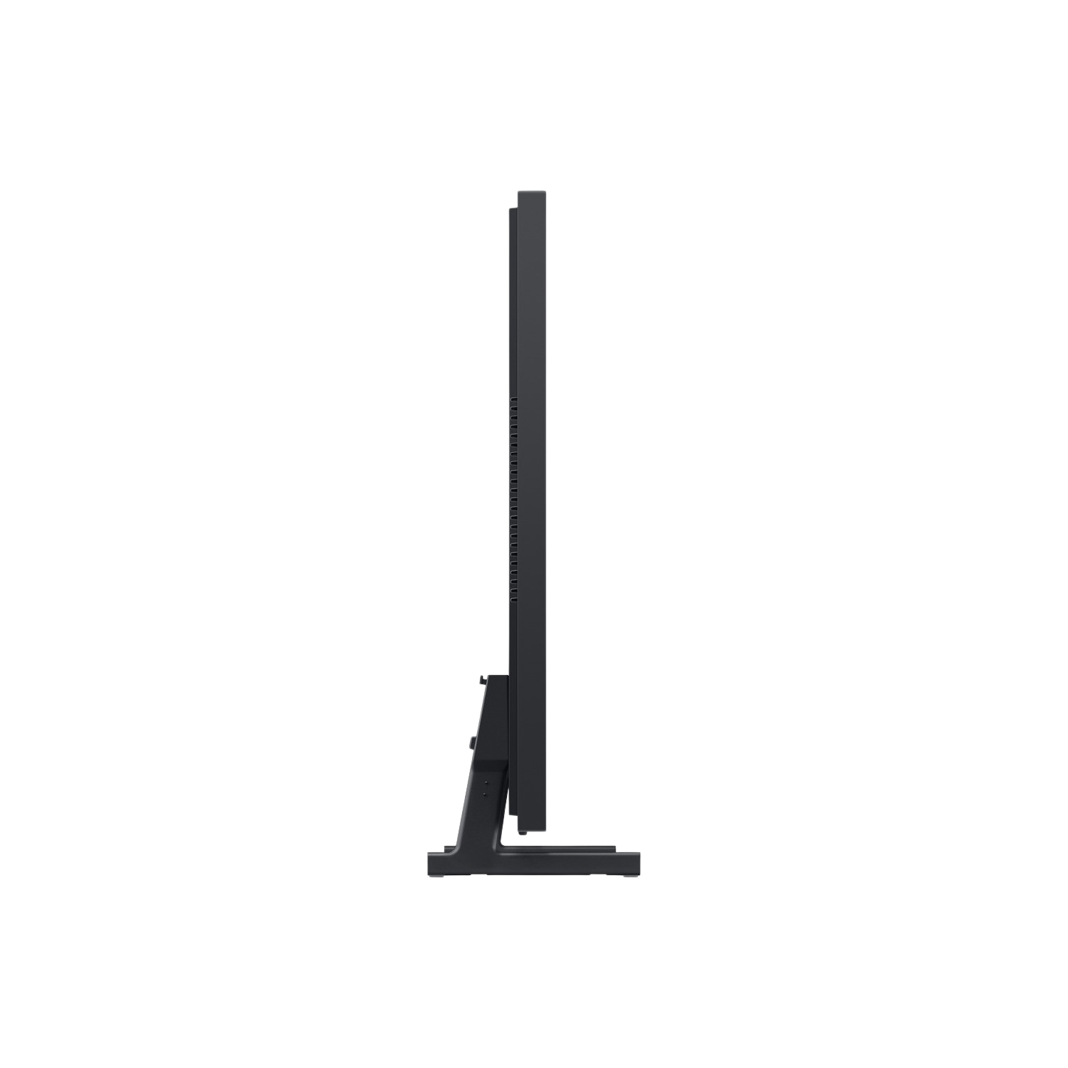 Side view of a black monitor. The screen is thin, with a stand at the bottom. The background is completely black.