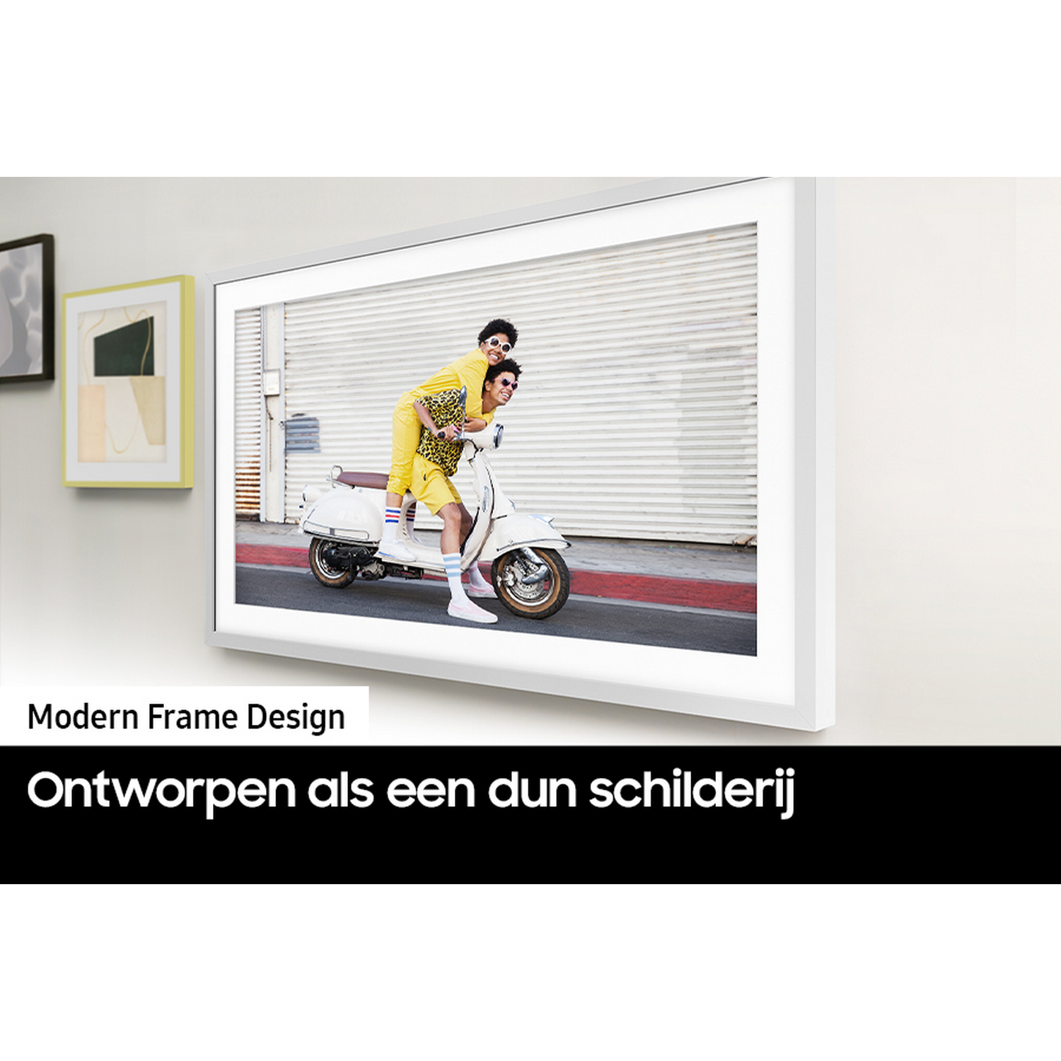 A white framed image showing two people on a white scooter. Yellow and black outfit. Two pictures on the wall.