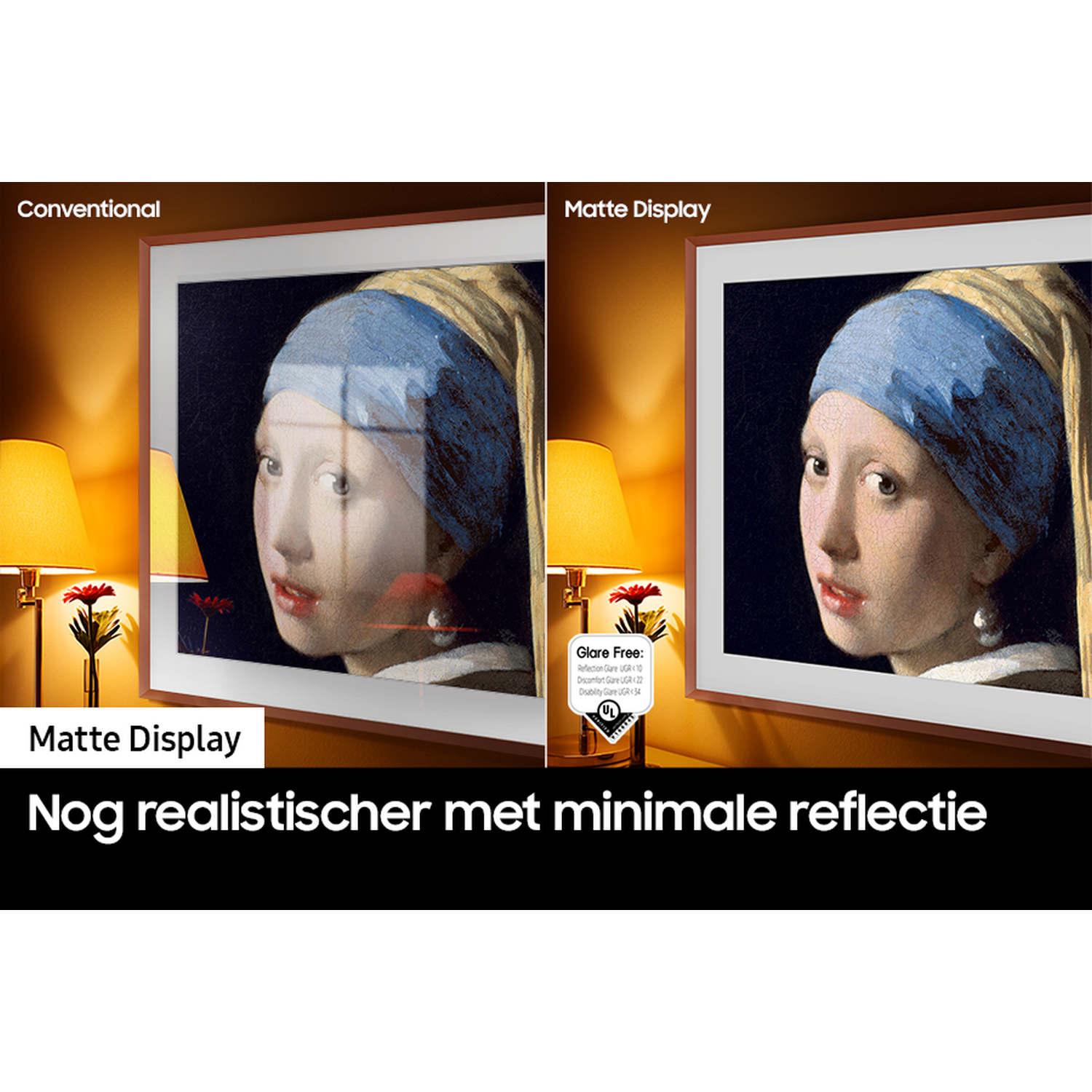 Image compares two displays: conventional and matte. Both show the painting "Girl with a Pearl Earring." The matte display has less glare.