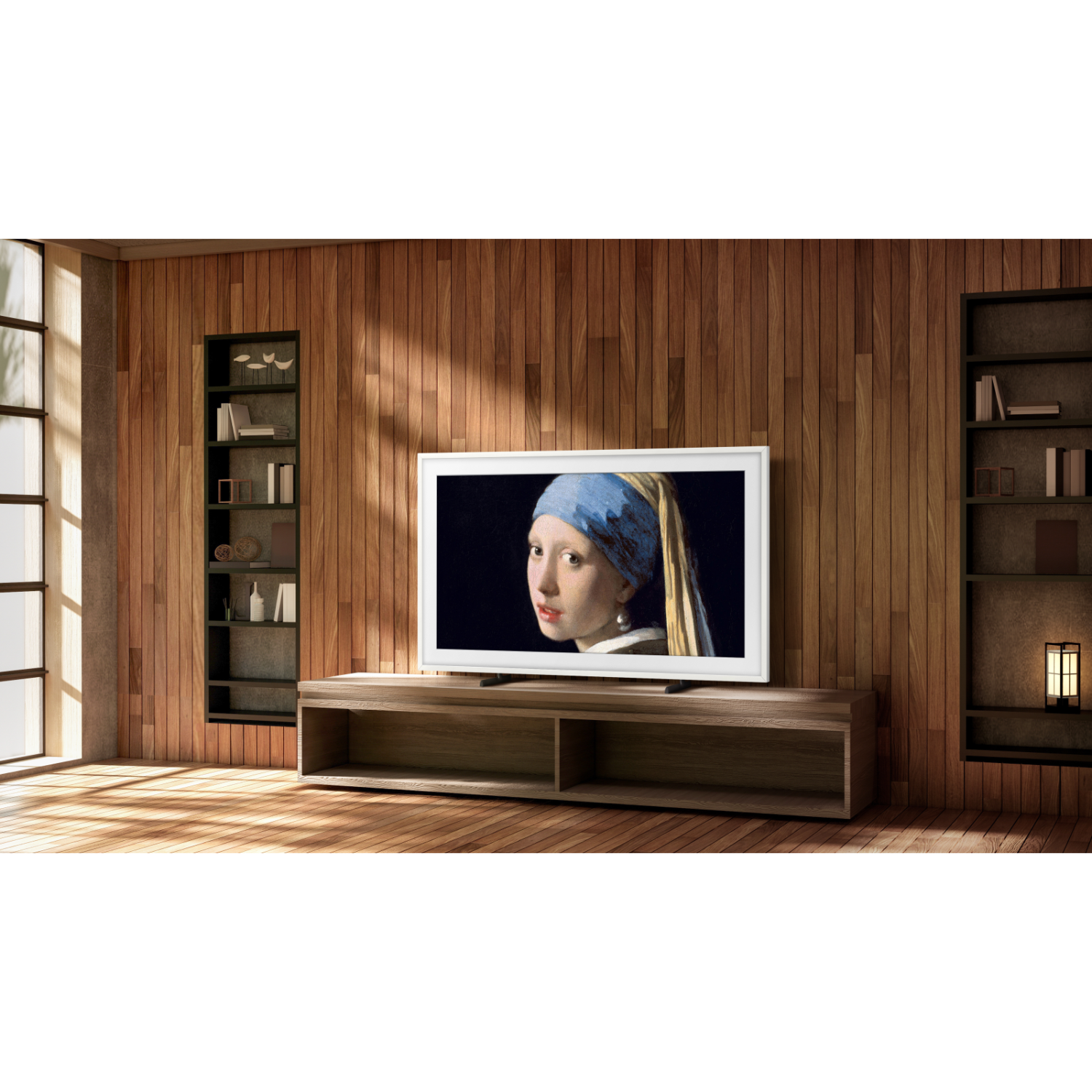 A TV displays 'Girl with a Pearl Earring' in a wood-paneled room. Bookshelves flank the TV. Sunlight streams across the wooden floor.