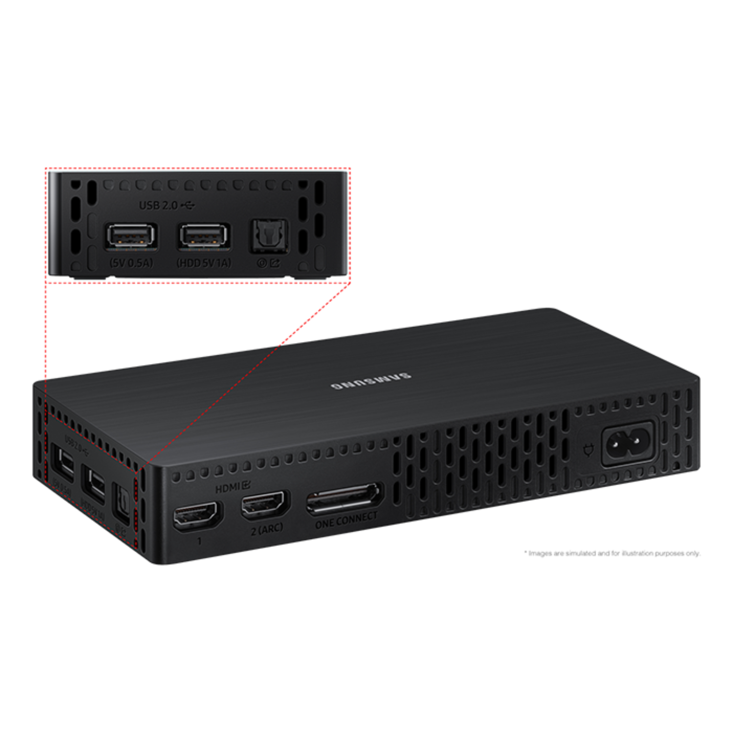 Black Samsung device. It has multiple ports: USB, HDMI, and power. The device has a sleek, rectangular design with ventilation.