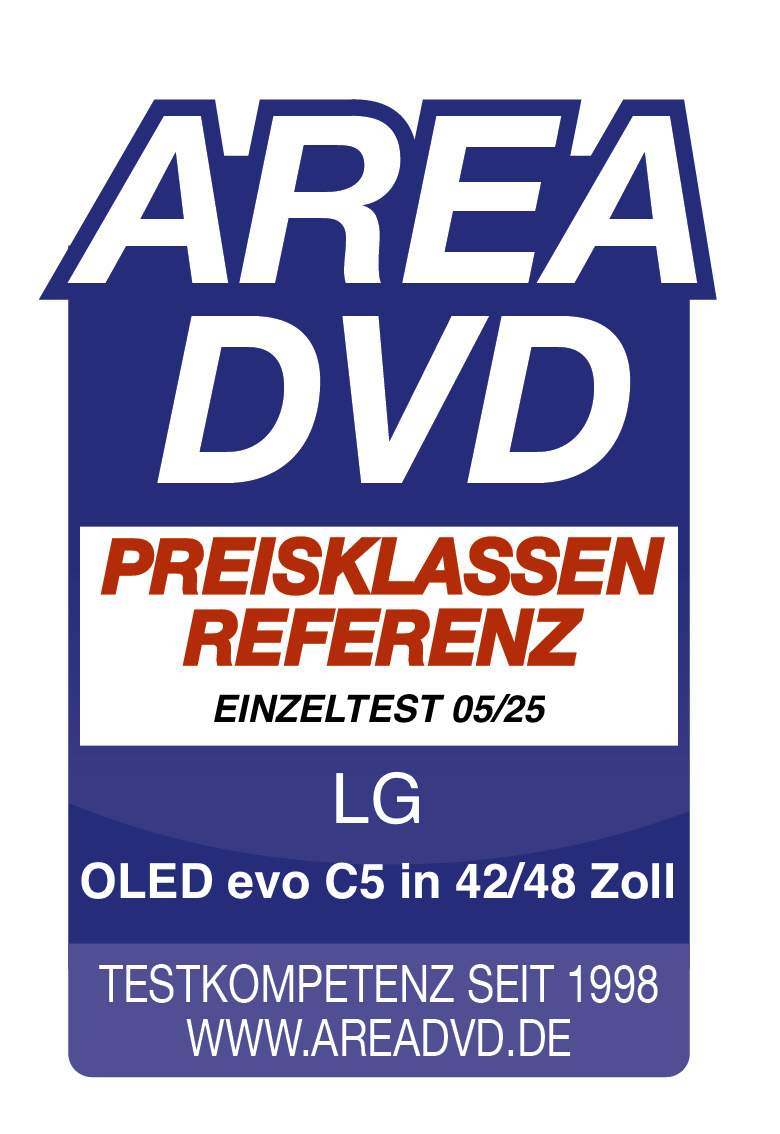 Logo mit blauem und weißem Text: AREA DVD, PREISKLASSEN REFERENZ, LG OLED evo C5 in 42/48 Zoll. Website-Adresse unten.