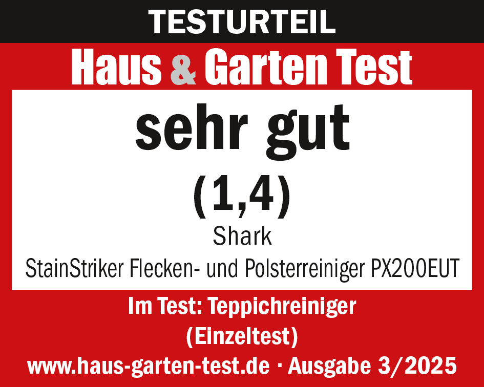 Ein rotes und weißes Schild mit Text. Es lautet 'Haus & Garten Test', 'sehr gut (1,4)', 'Shark' und 'StainStriker PX200EUT'.