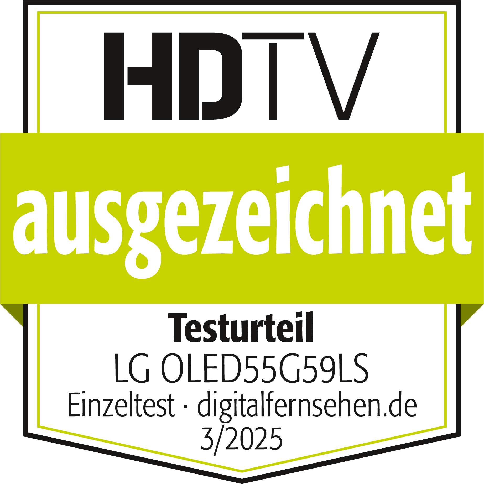 Ein Auszeichnungsabzeichen. Es lautet 'HDTV ausgezeichnet' mit Produktdetails darunter. Das Abzeichen ist grün und weiß.
