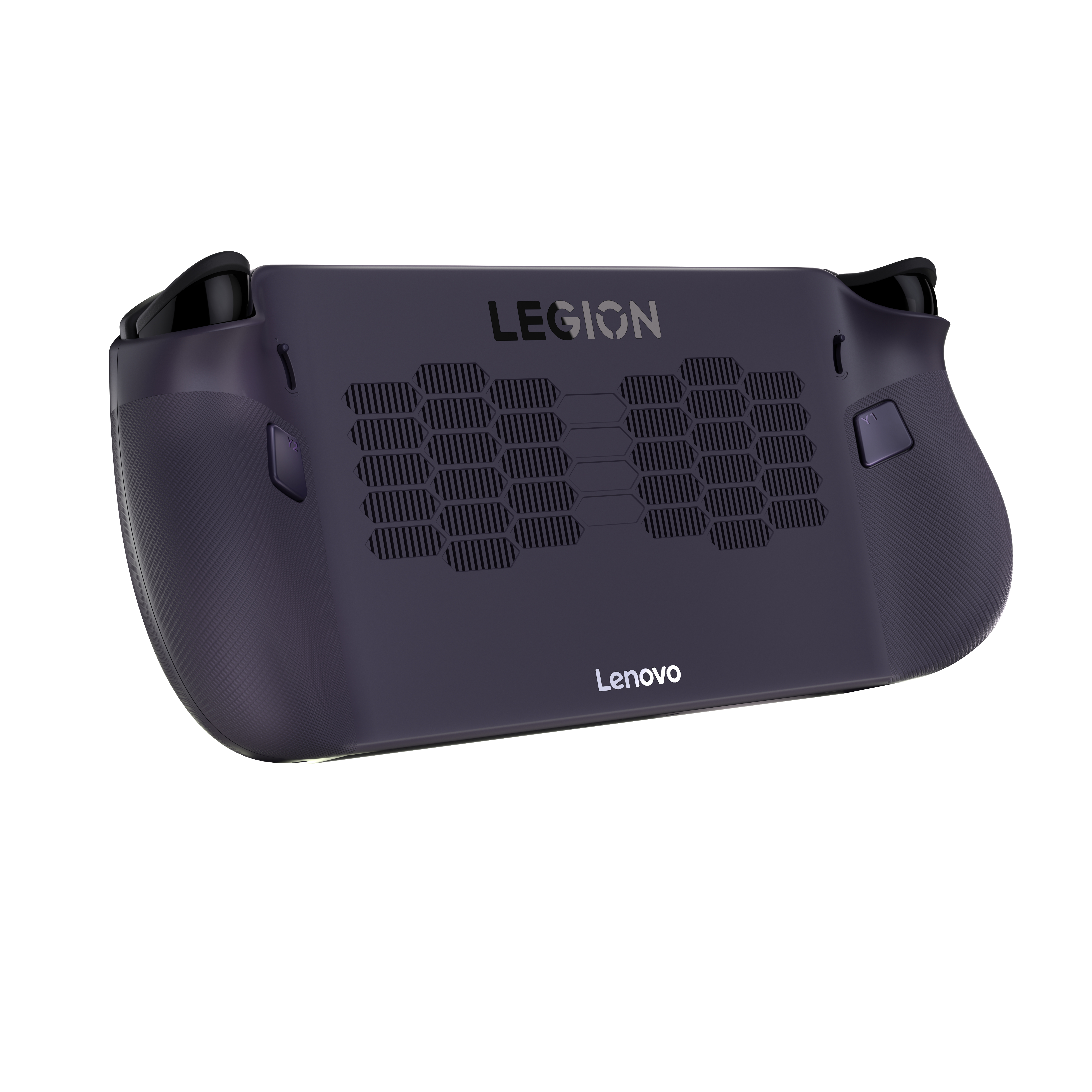 Rückansicht einer dunkelvioletten Lenovo Legion Handheld-Spielkonsole. Es hat schwarze Akzente und ein Lüftungsdesign.