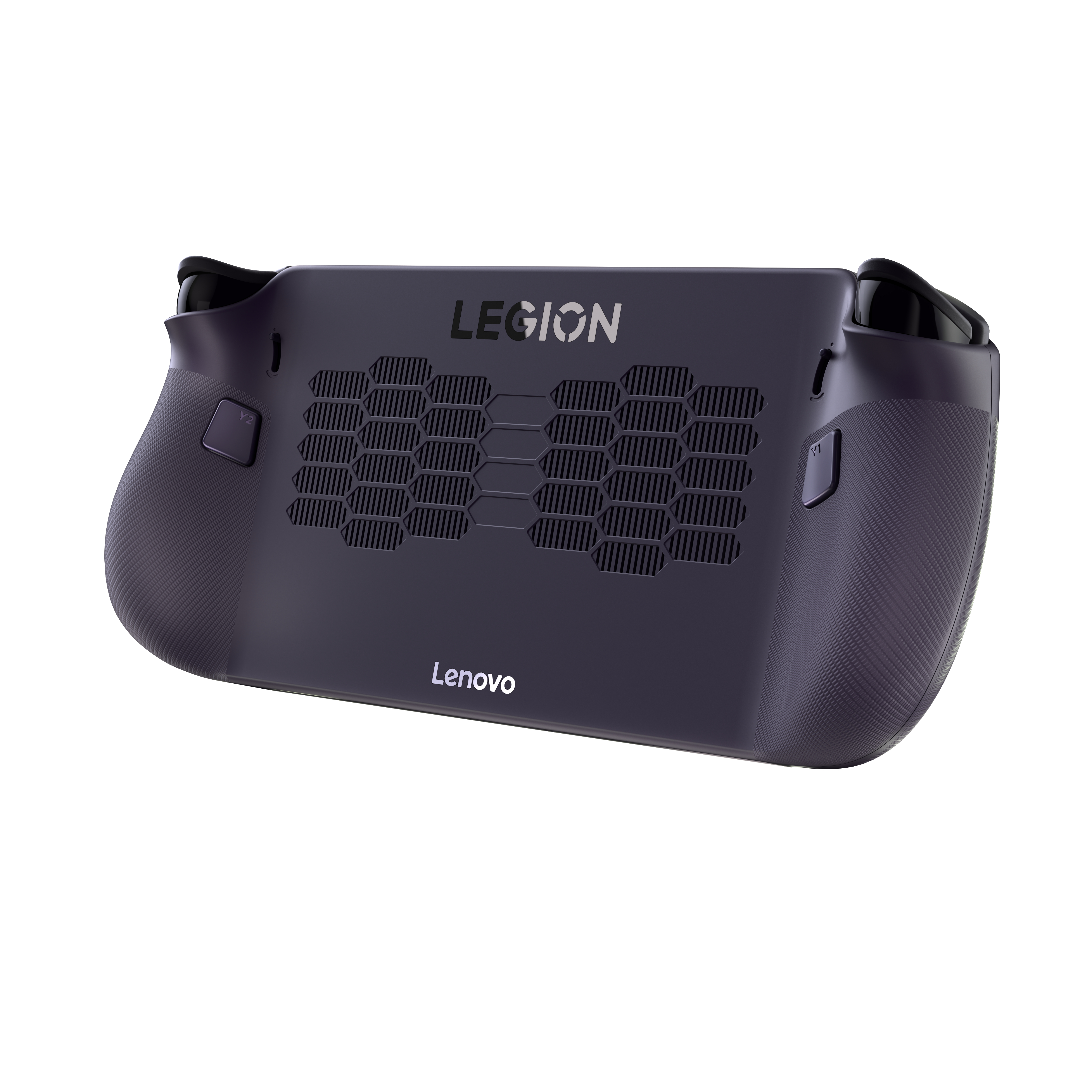 Ein dunkelviolettes Lenovo Legion Handheld-Gaming-Gerät wird gezeigt. Es hat einen strukturierten Griff, Luftschlitze und das Legion-Logo.
