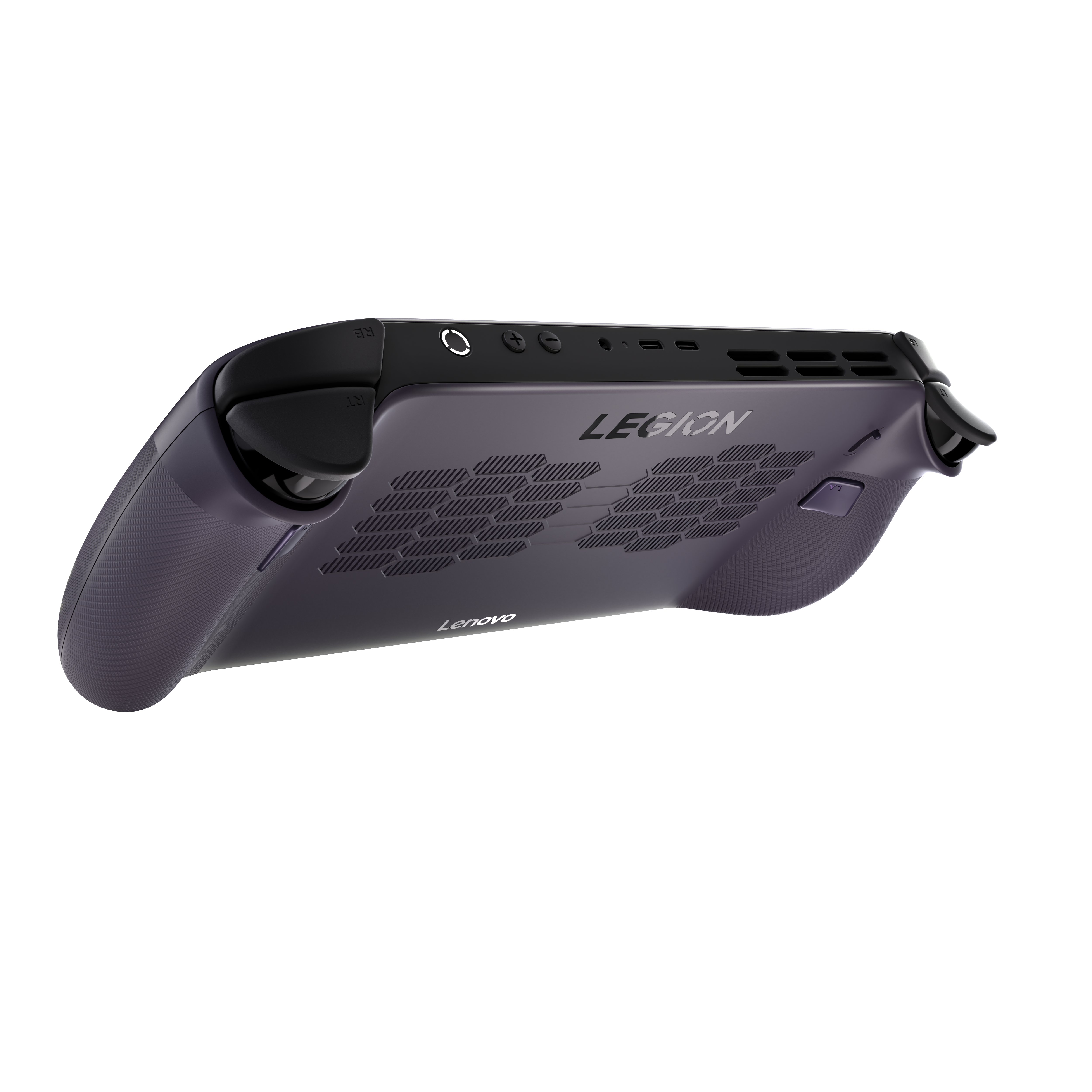Ein lila Lenovo Legion Handheld-Gaming-Gerät, Ansicht von schräg oben, mit sichtbaren Knöpfen und Lüftungsschlitzen, auf weißem Hintergrund.