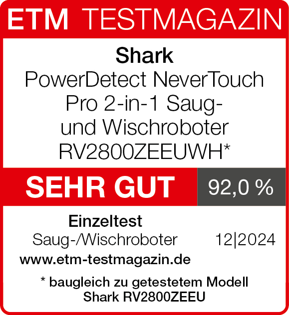 Ein rot-weißes Magazincover. Shark-Roboter-Staubsauger, 92,0 % Bewertung. Text enthält 'SEHR GUT' und '12|2024'.