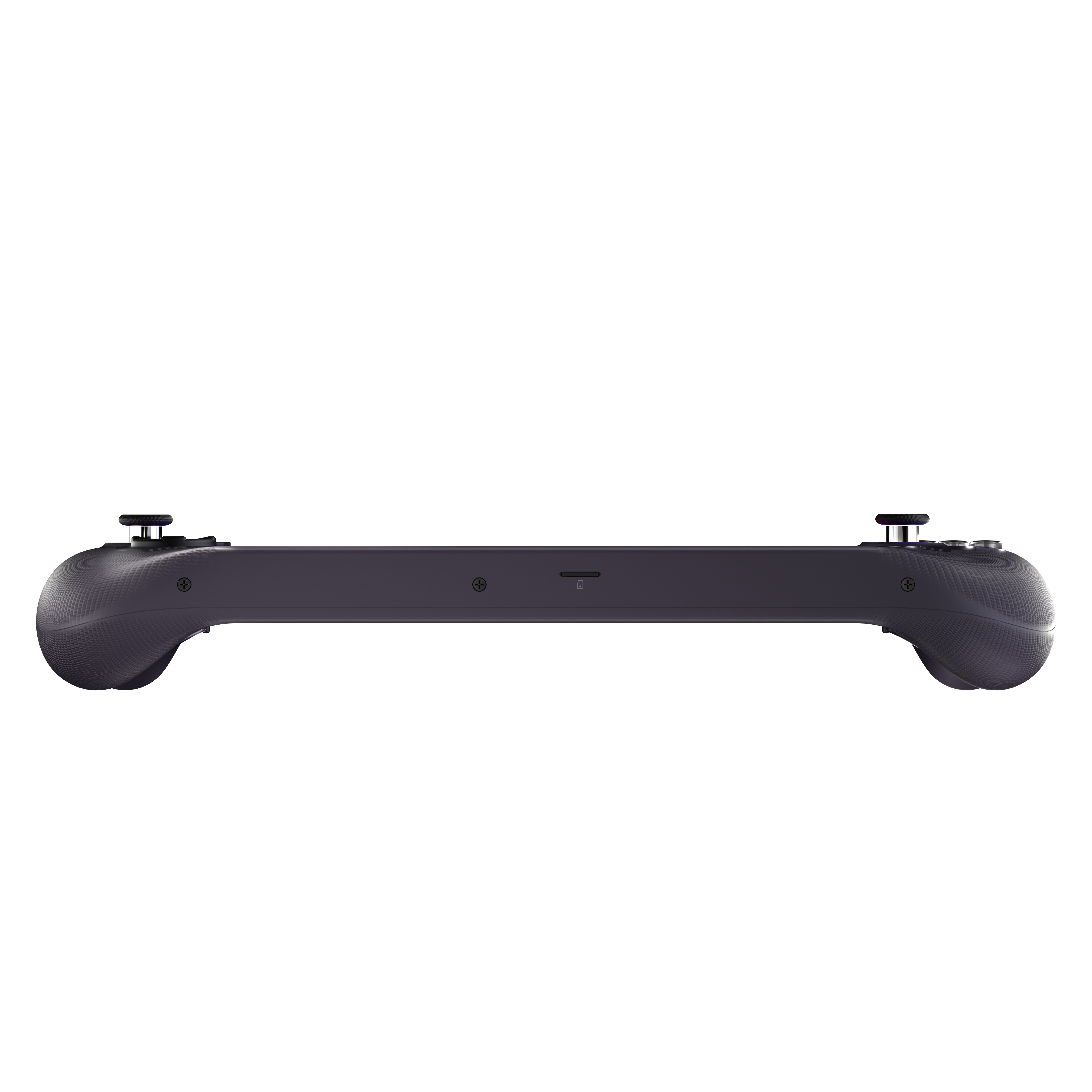 Dunkelgrauer Handheld-Gamecontroller, Seitenansicht, mit schwarzen Joysticks und Knöpfen, isoliert auf Weiß.