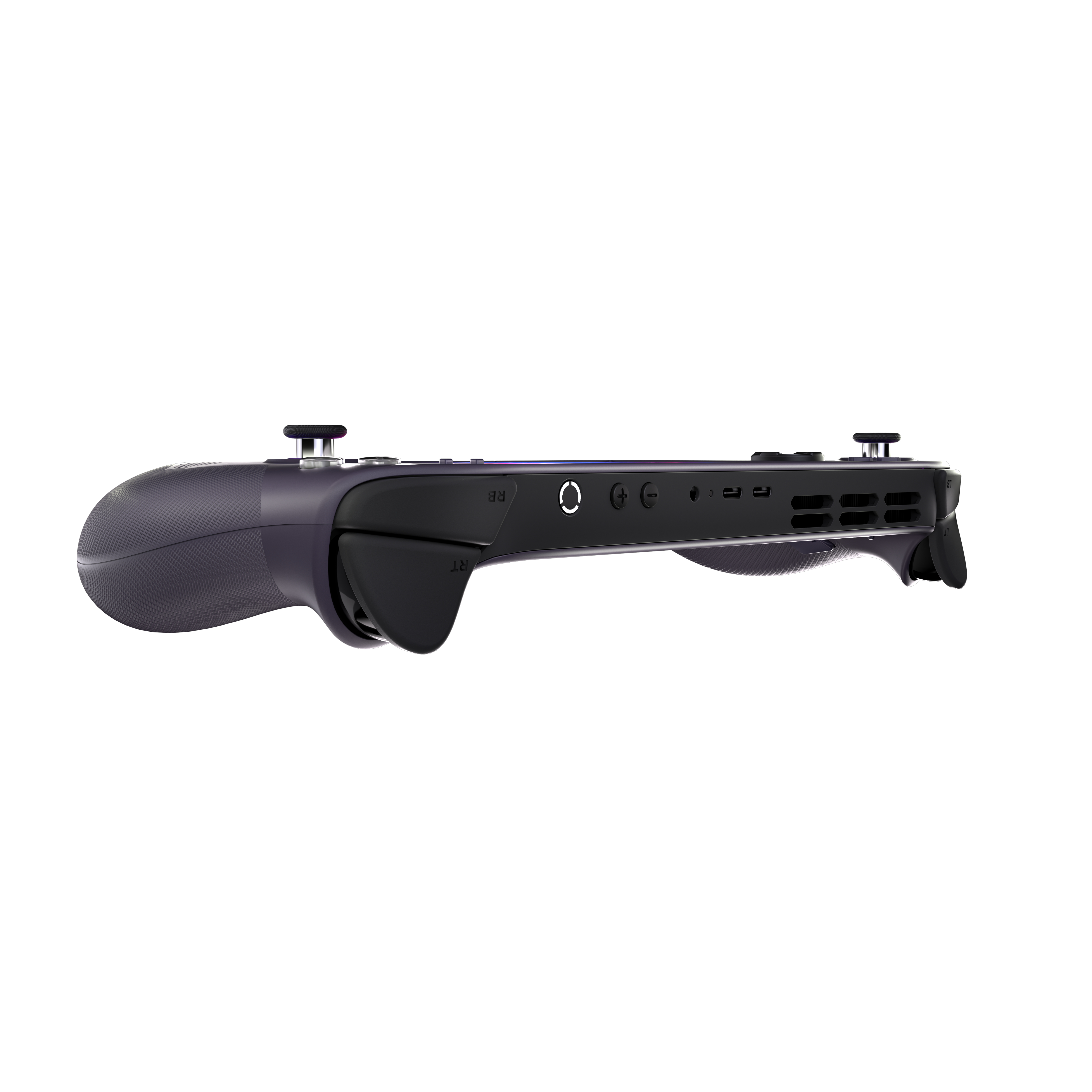 Ein dunkelvioletter Handheld-Gamecontroller ist von der Seite zu sehen. Er hat Knöpfe, Joysticks und einen strukturierten Griff.